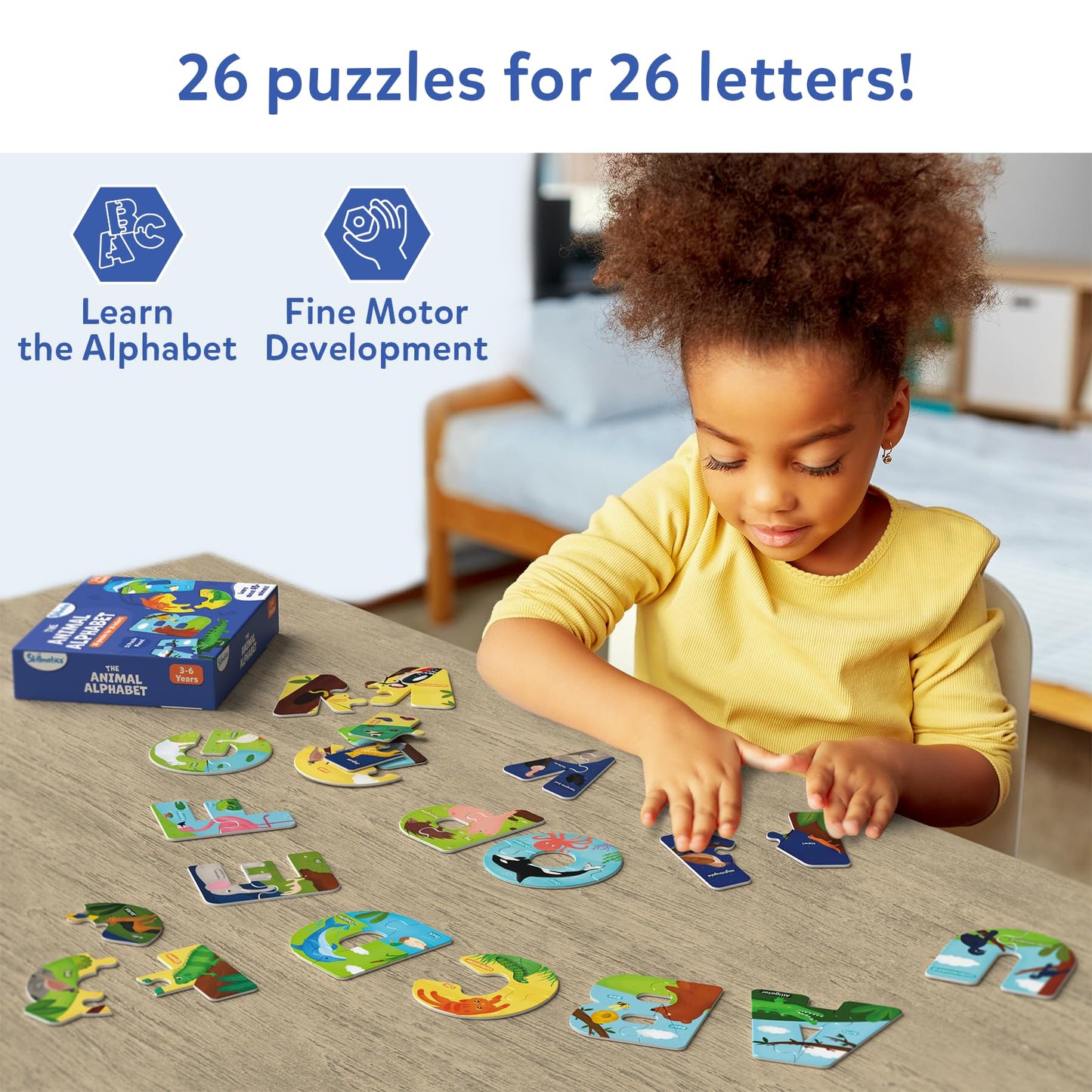 Skillmatics Rompecabezas de alfabeto de animales, rompecabezas de 52 piezas para niños pequeños, preescolares, juguete educativo para aprender ABC y letras, regalos para niños y niñas de 3, 4, 5, 6