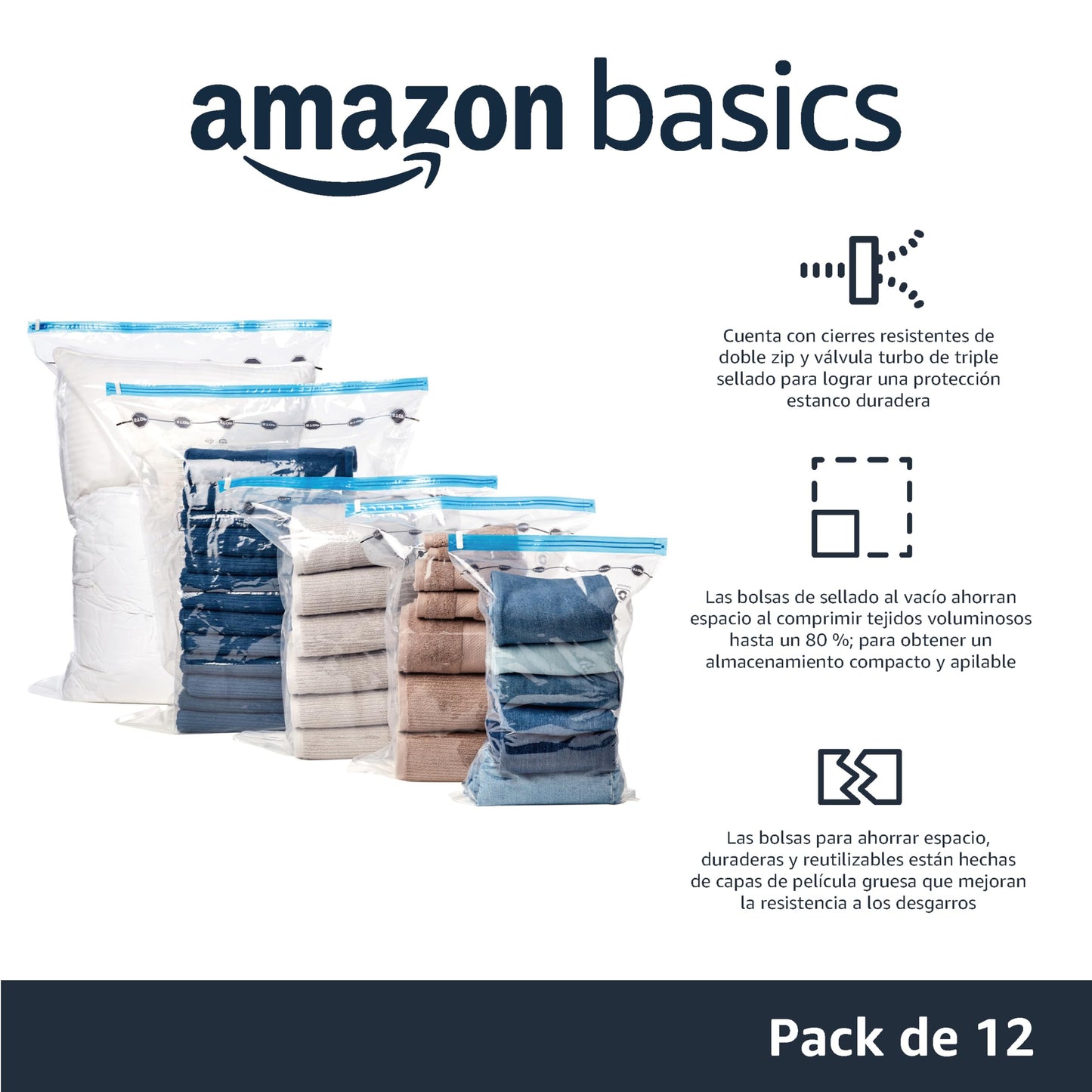 Amazon Basics bolsas de vacío para almacenamiento, incluyen boca para aspirador, 12 Unidad, 3 extragrandes, 3 grandes, 3 medianas y 3 pequeñas, Cremallera, Blanco