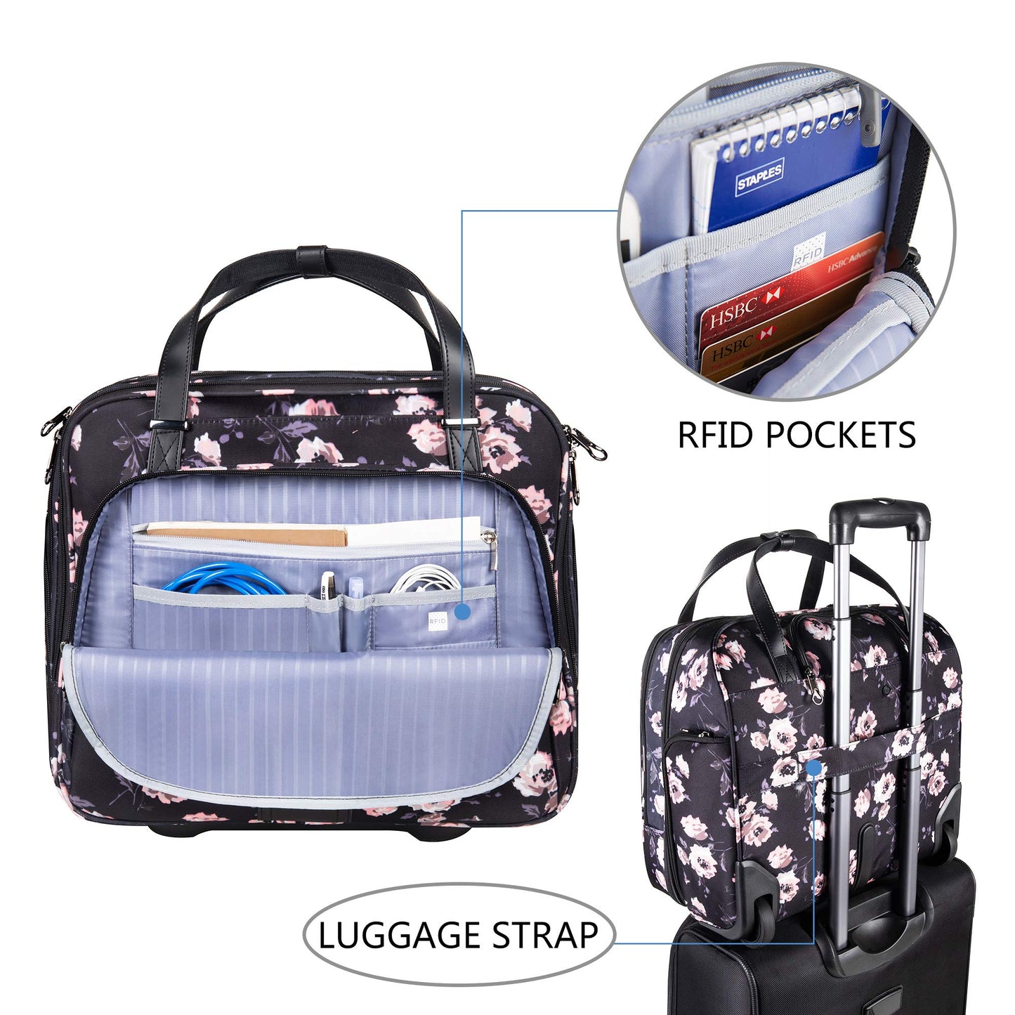 KROSER Maletín con ruedas para laptop de hasta 15.6 pulgadas, repelente al agua, con bolsillos RFID, para viajes, negocios, escuela, mujeres