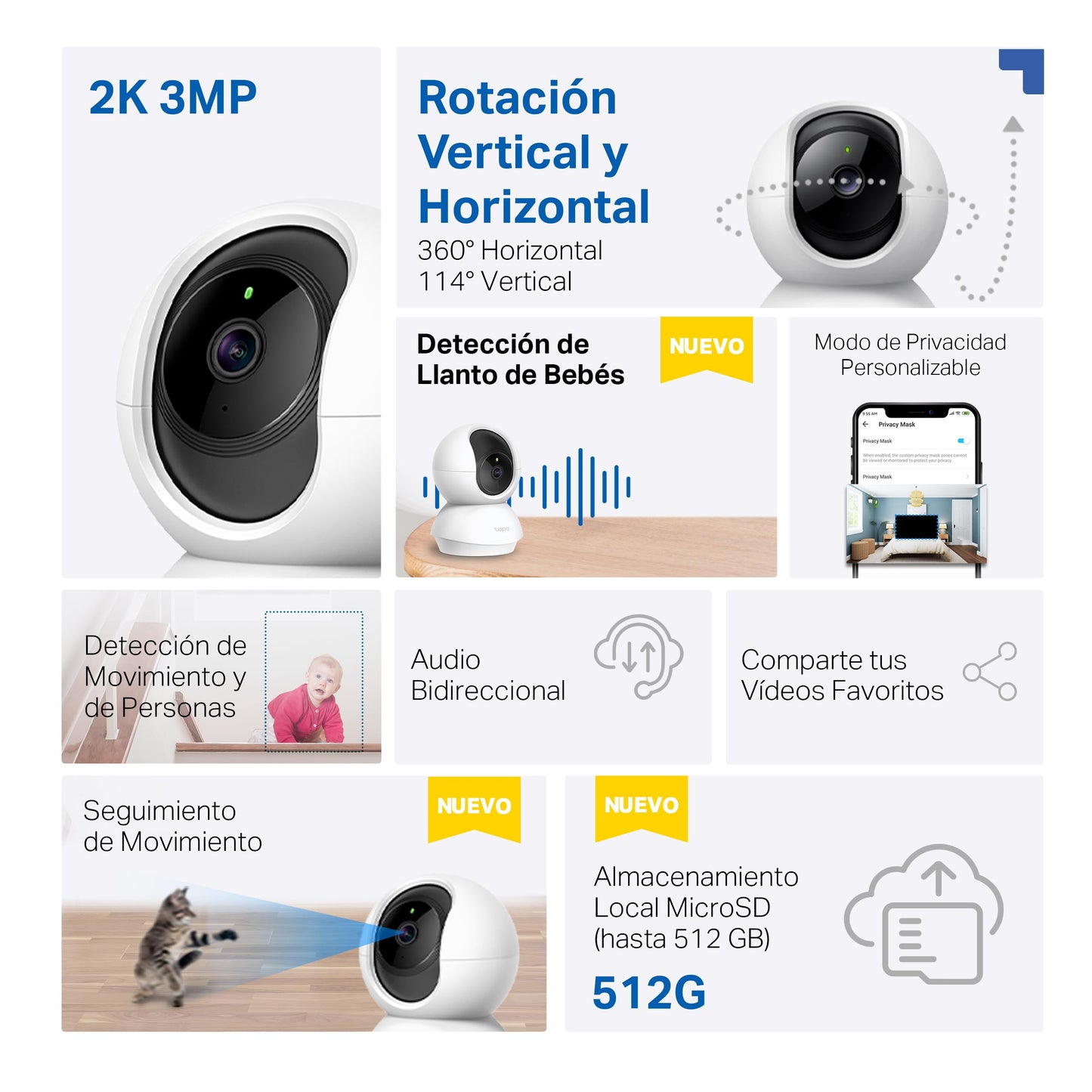 Tapo C210 - Cámara IP WiFi 360° Cámara de Vigilancia 2K (3MP),Visión Nocturna Admite Tarjeta SD hasta 512 GB, Detección y Seguimiento de Movimiento, Control Remoto, Compatible con Alexa