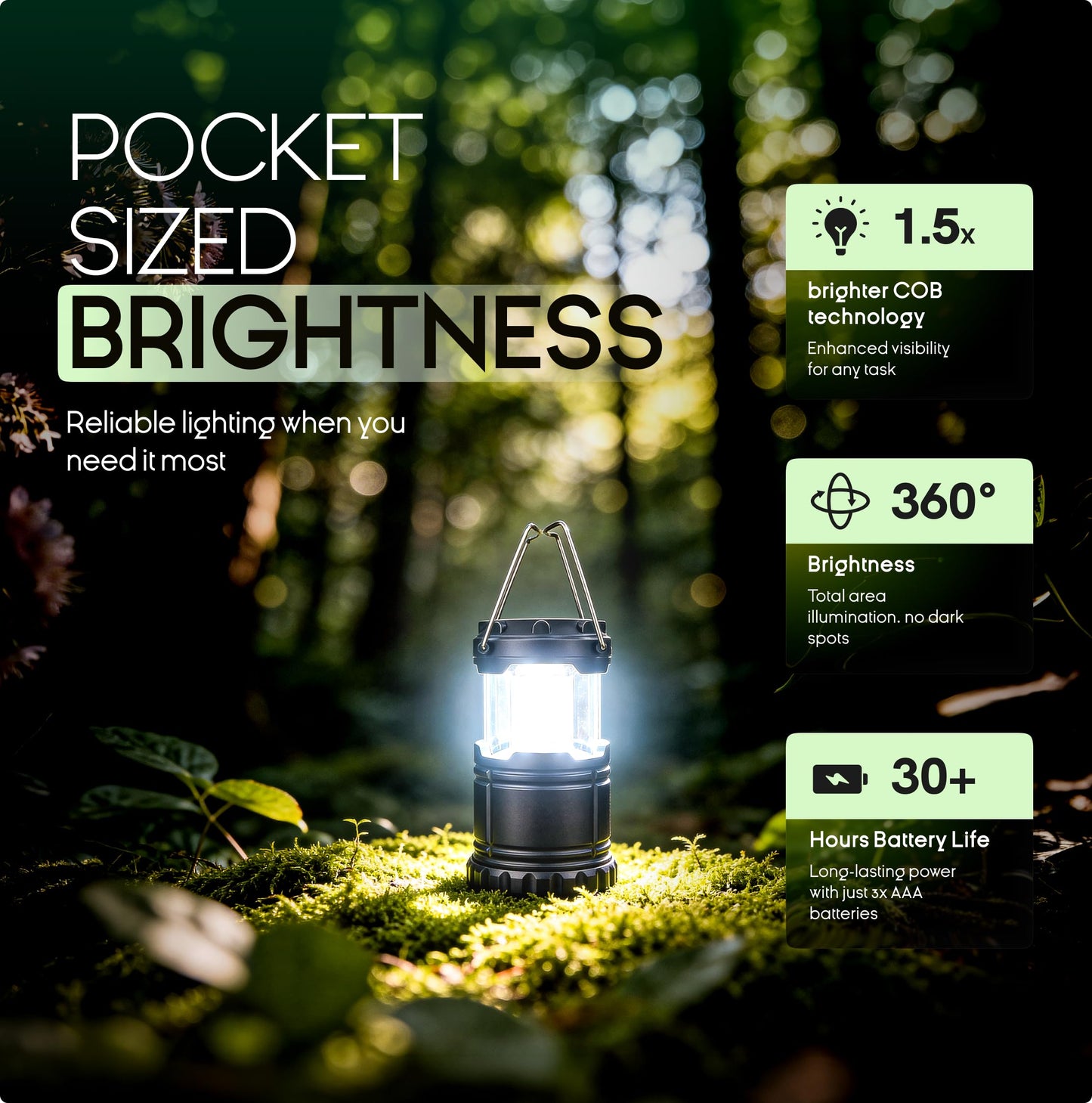 MalloMe Mini linternas LED COB para camping, paquete de 2 unidades, superbrillantes, luces portátiles de 200 lúmenes para exteriores, requiere pilas AA, no incluidas (negro, plegable)