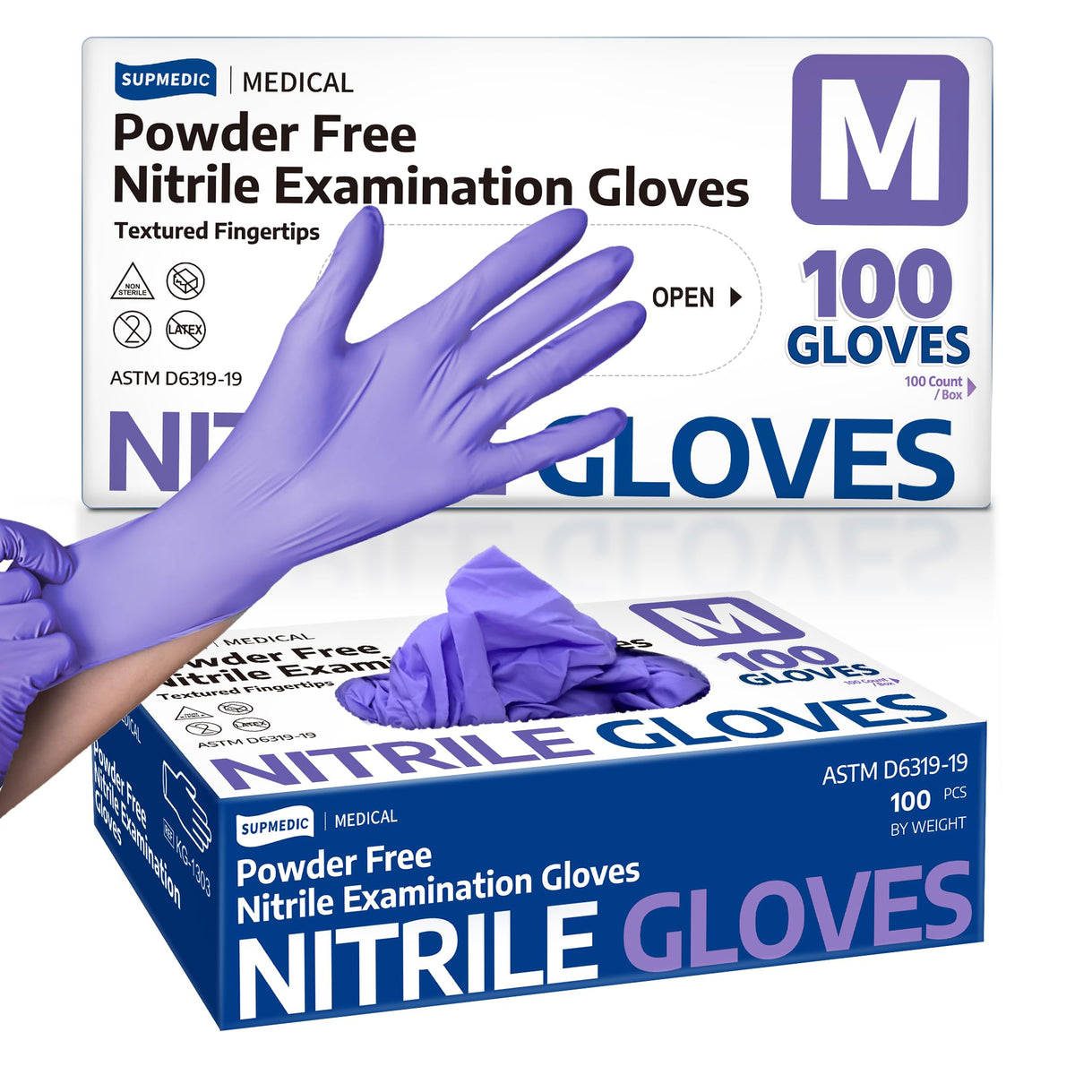 Supmedic Guantes médicos desechables de nitrilo de 3.5 mil, sin polvo, sin látex, caja de 100 (morado) (mediano)