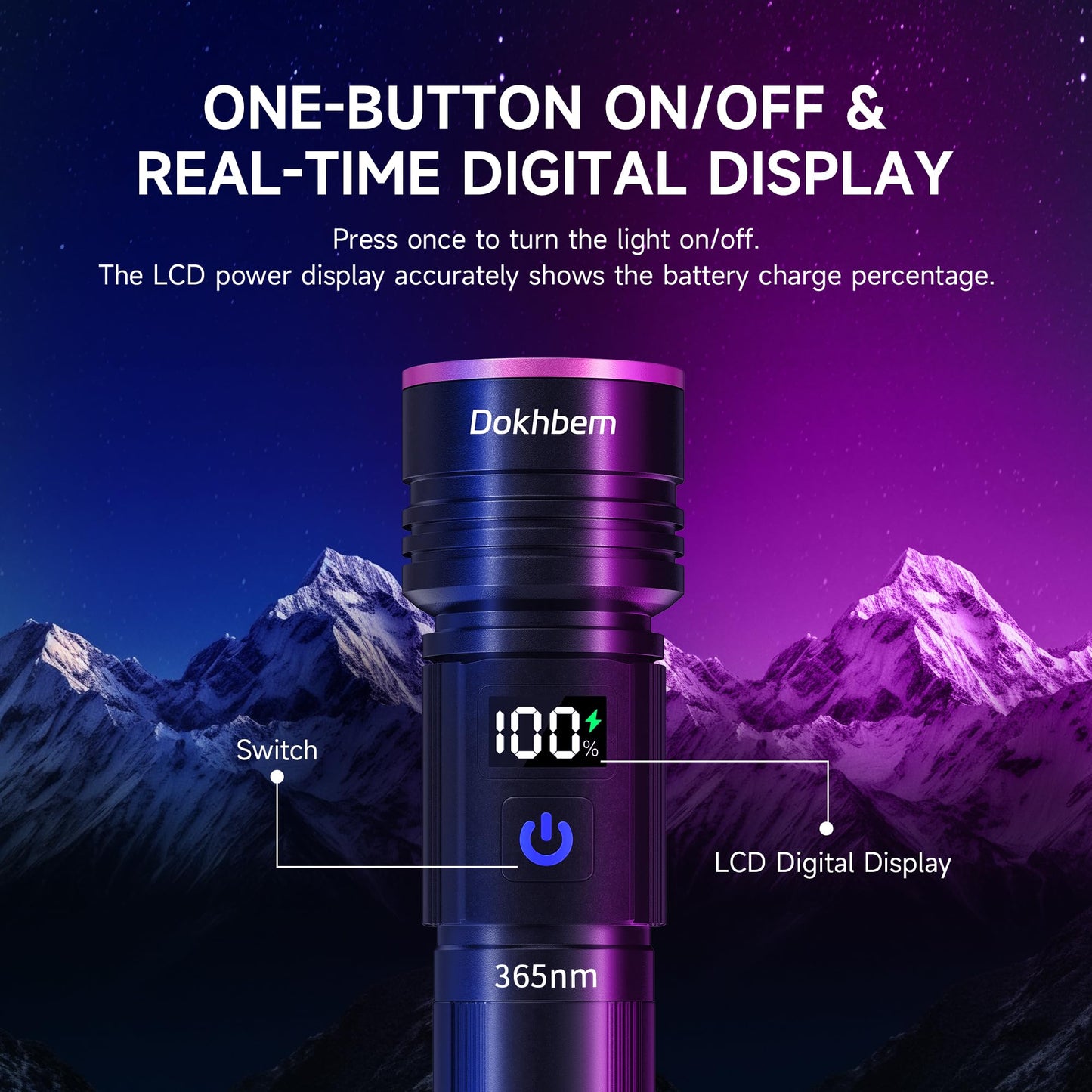 Dokhbem - Linterna de luz negra, 365 nm recargable con visualización LCD, potentes luces ultravioleta para detección de orina de mascotas, curado de resina, seguimiento de sangre, escorpión, vidrio de