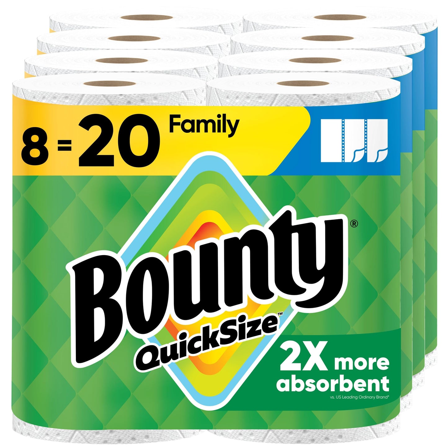 Bounty QuickSize - Rollos de papel de cocina, paquete familiar de 8 unidades (equivalente a 20 rollos regulares), color blanco (el embalaje puede variar)