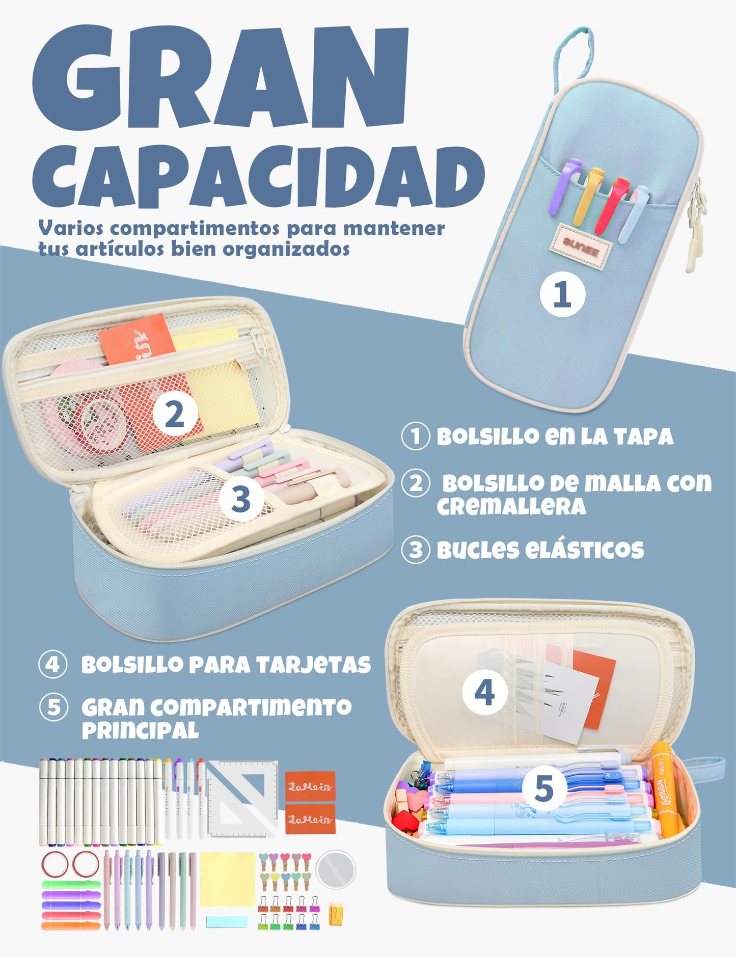 SUNEE Estuche Escolar Grande con Compartimentos, Multiusos Estojo Escolar Colegio Organizador de Papeleria Pencil Case para Niñas, Niños, Adolescentes, Mujeres, Hombres,Azul
