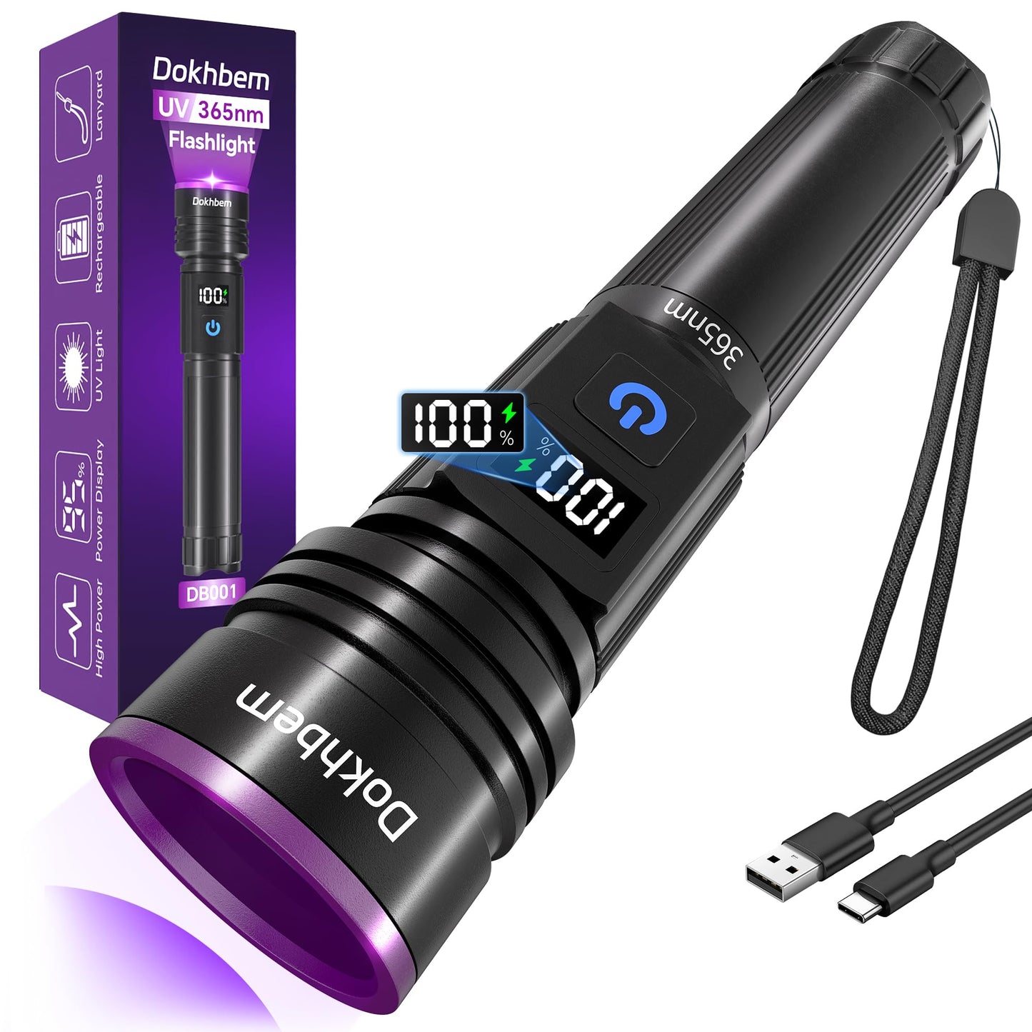 Dokhbem - Linterna de luz negra, 365 nm recargable con visualización LCD, potentes luces ultravioleta para detección de orina de mascotas, curado de resina, seguimiento de sangre, escorpión, vidrio de