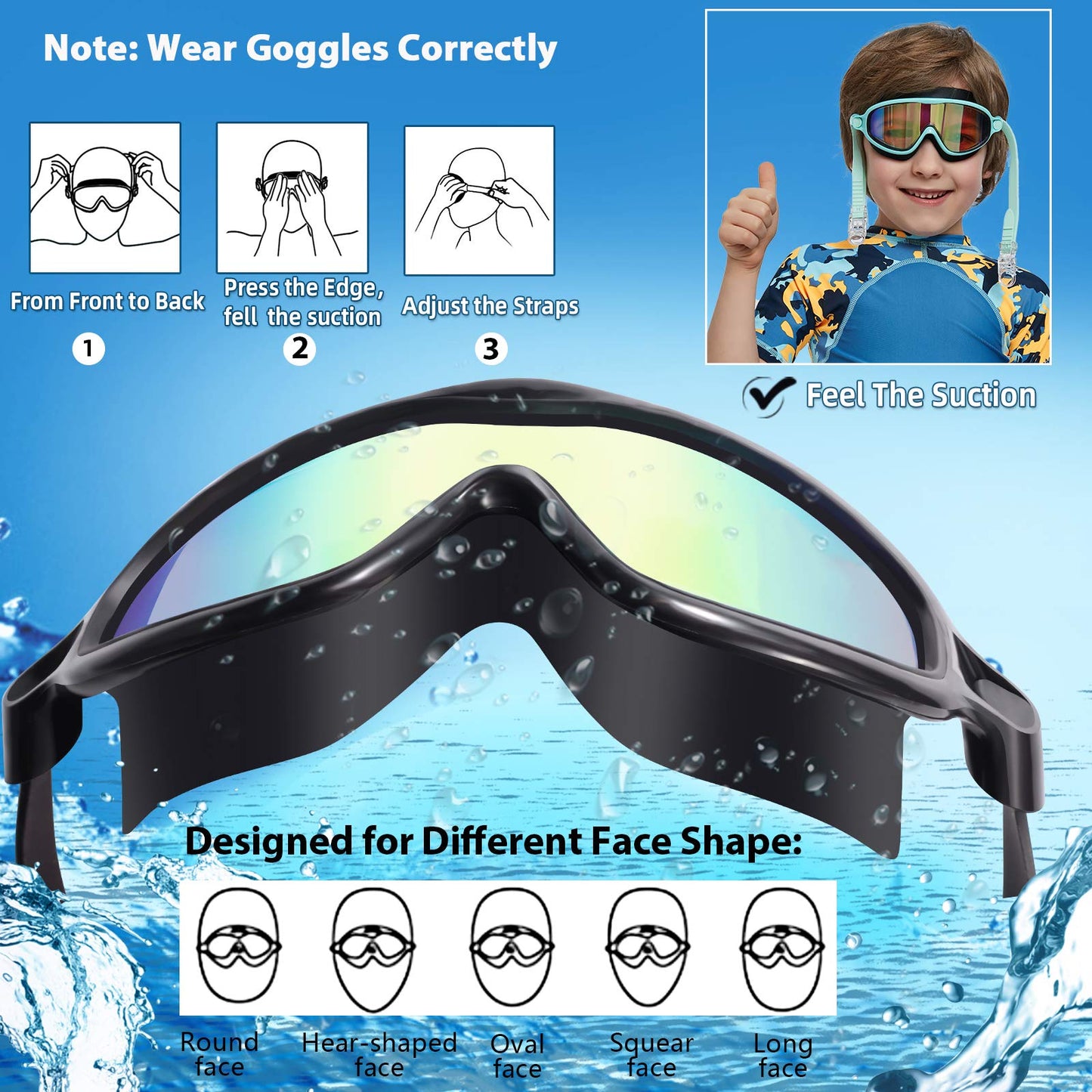 Gafas de natación para niños, 2 unidades, sin fugas, antivaho, visión amplia, protección UV, cristal transparente, impermeables, espejados, adecuados para niños y niñas de 3 a 15 años