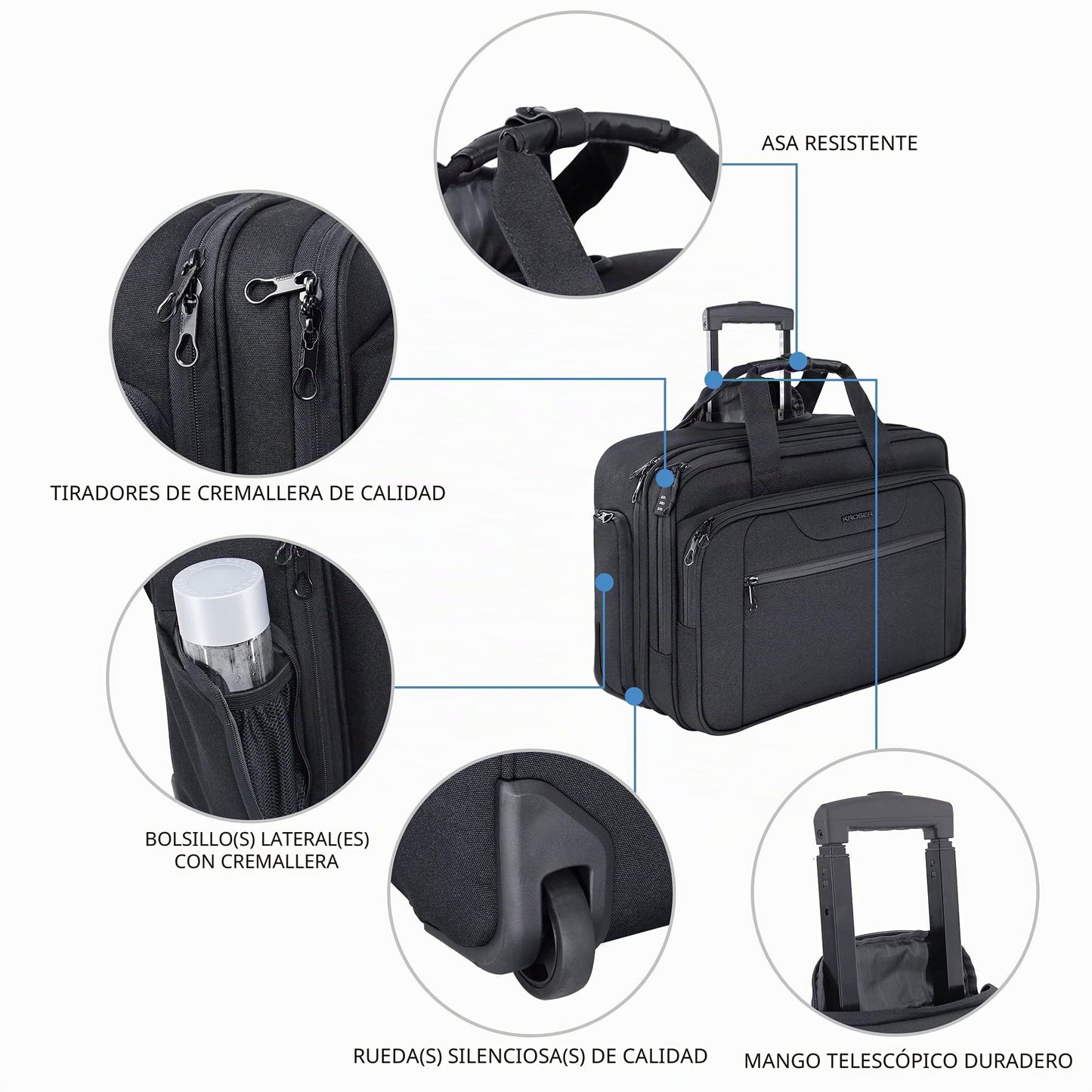KROSER Maletín para Portátil con Ruedas Bolsa Premium Impermeable para Computadora hasta 17.3´´ Bolsa Hidrófugo Durante la Noche con Bolsillos RFID para Hombres/Mujeres-Negro
