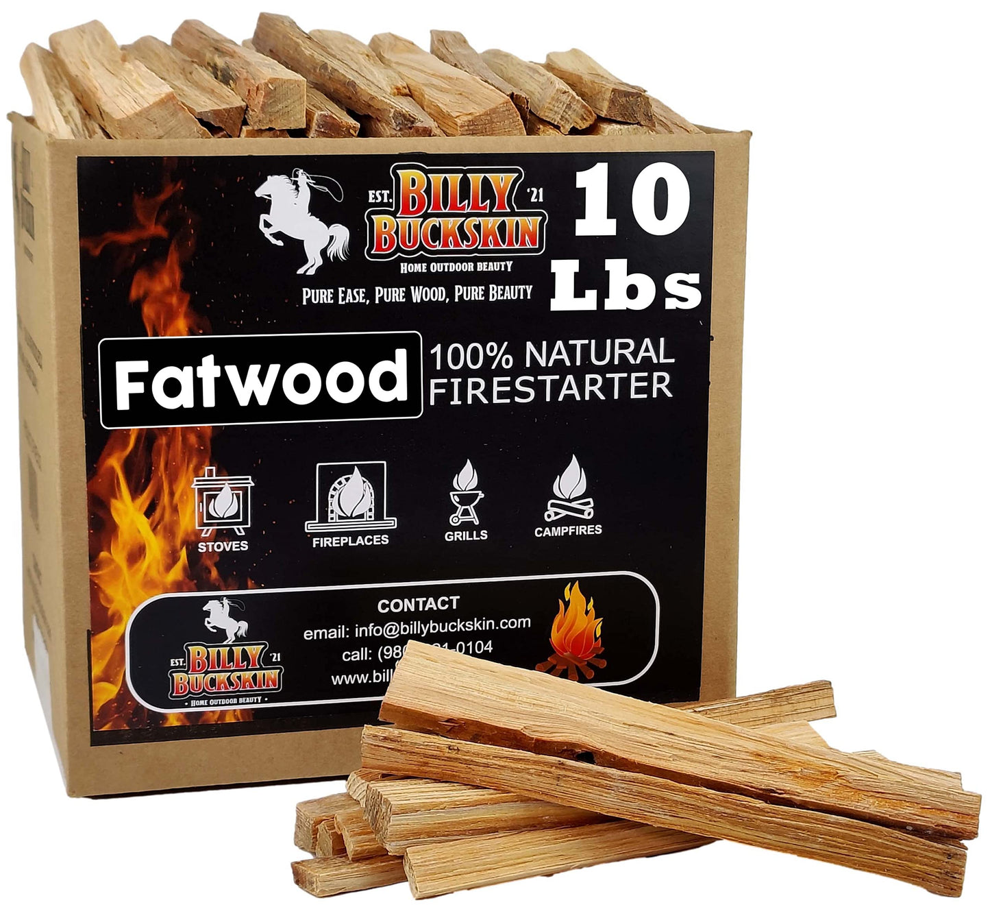 Billy Buckskin Co. Fatwood Fire Starter Sticks Easy & Safe Fire Starter | Start a Fire with Just 3 Sticks | Works in Any Weather Conditions | Caja de 10 LB