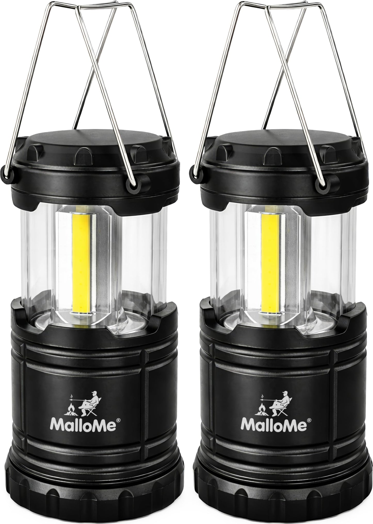 MalloMe Mini linternas LED COB para camping, paquete de 2 unidades, superbrillantes, luces portátiles de 200 lúmenes para exteriores, requiere pilas AA, no incluidas (negro, plegable)