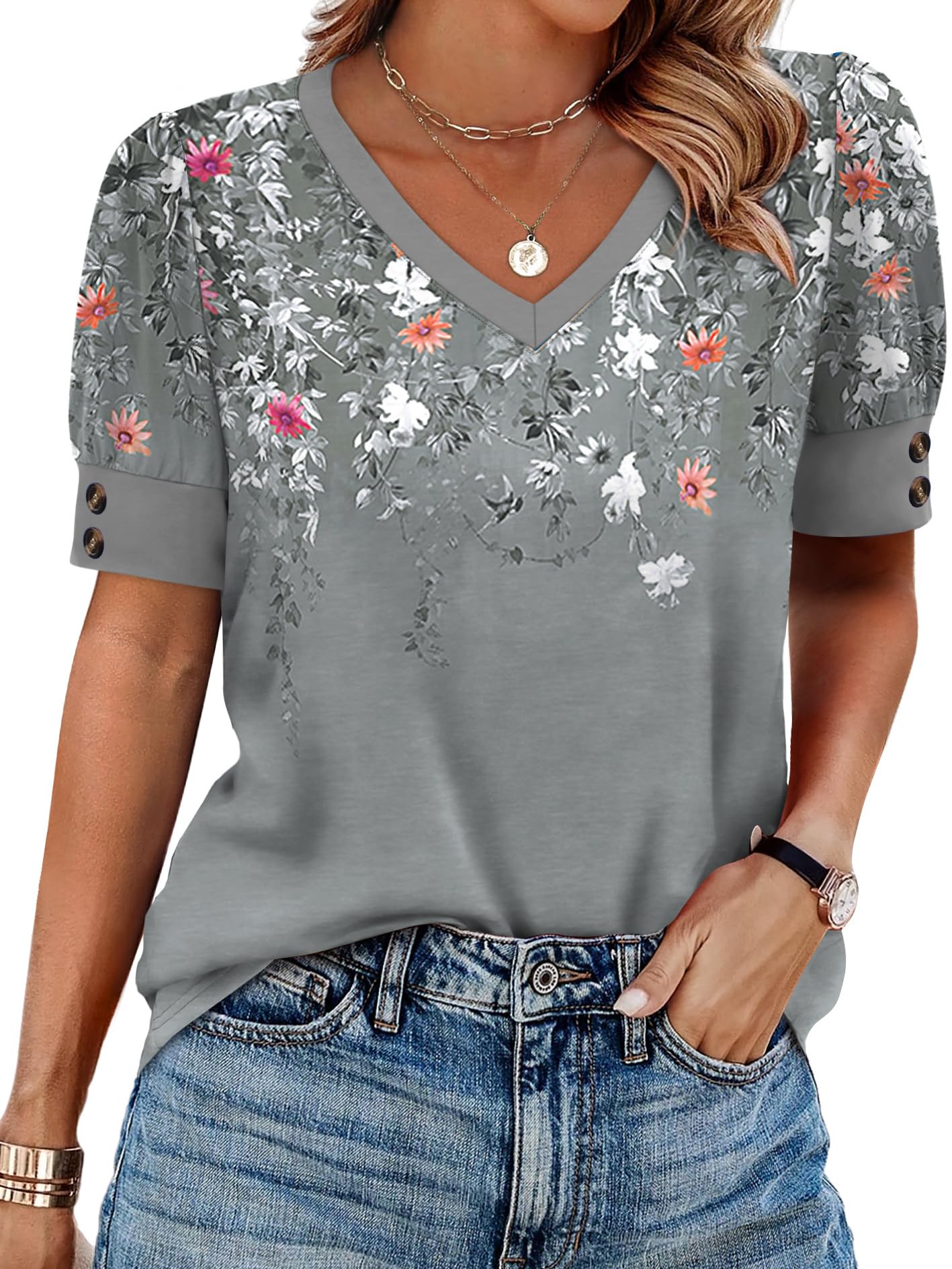 OFEEFAN Camisetas de manga corta para mujer, con botones, cuello en V, para primavera, verano, tallas grandes, blusas elegantes e informales, Z-floral gris, XL