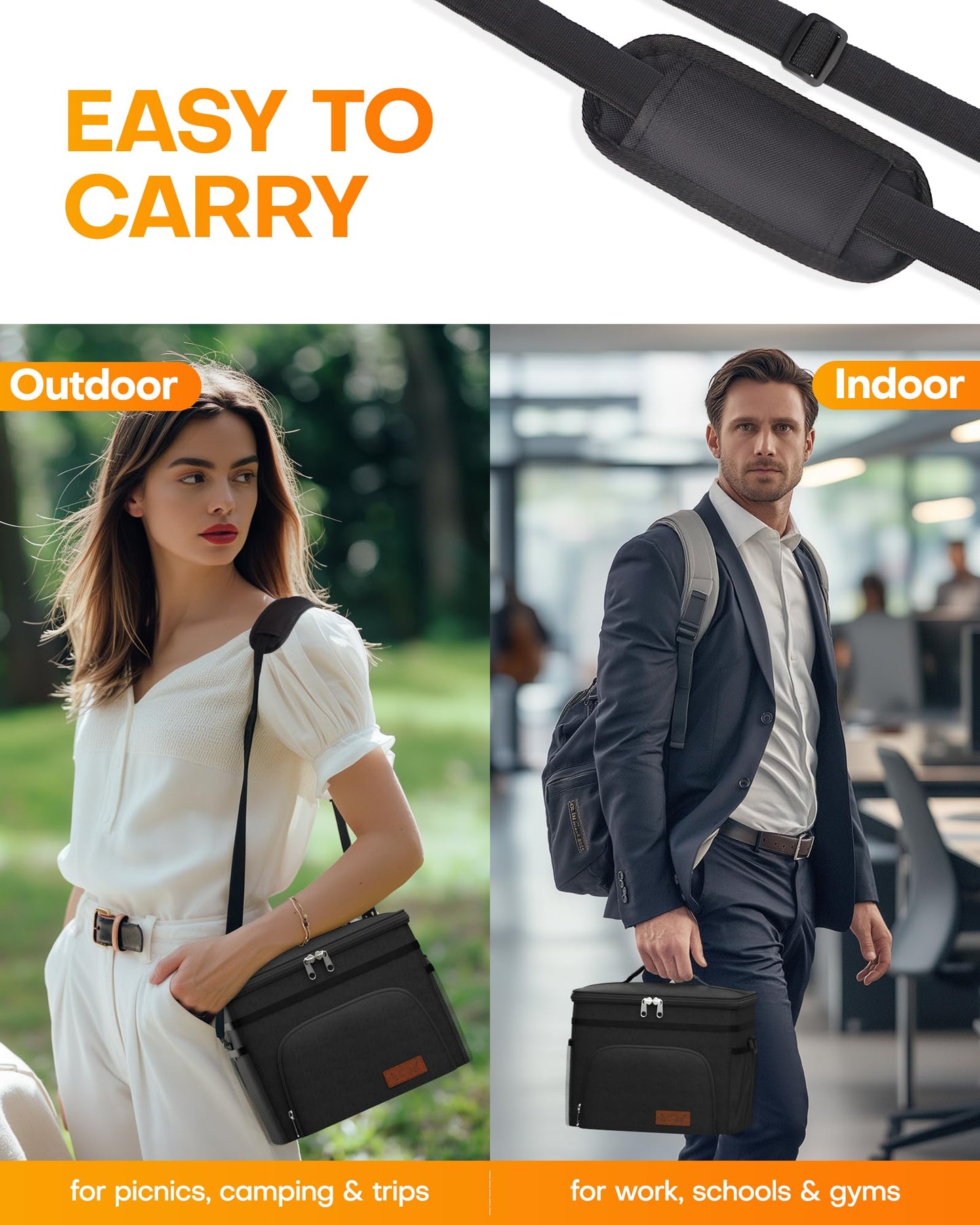 HOTOR Lonchera aislada para hombres y mujeres, bolsa de almuerzo a prueba de fugas con 4 bolsillos, correa ajustable, ideal para el trabajo, picnic, viajes, mediano, negro, 10.2 x 6.9 x 8.5 pulgadas