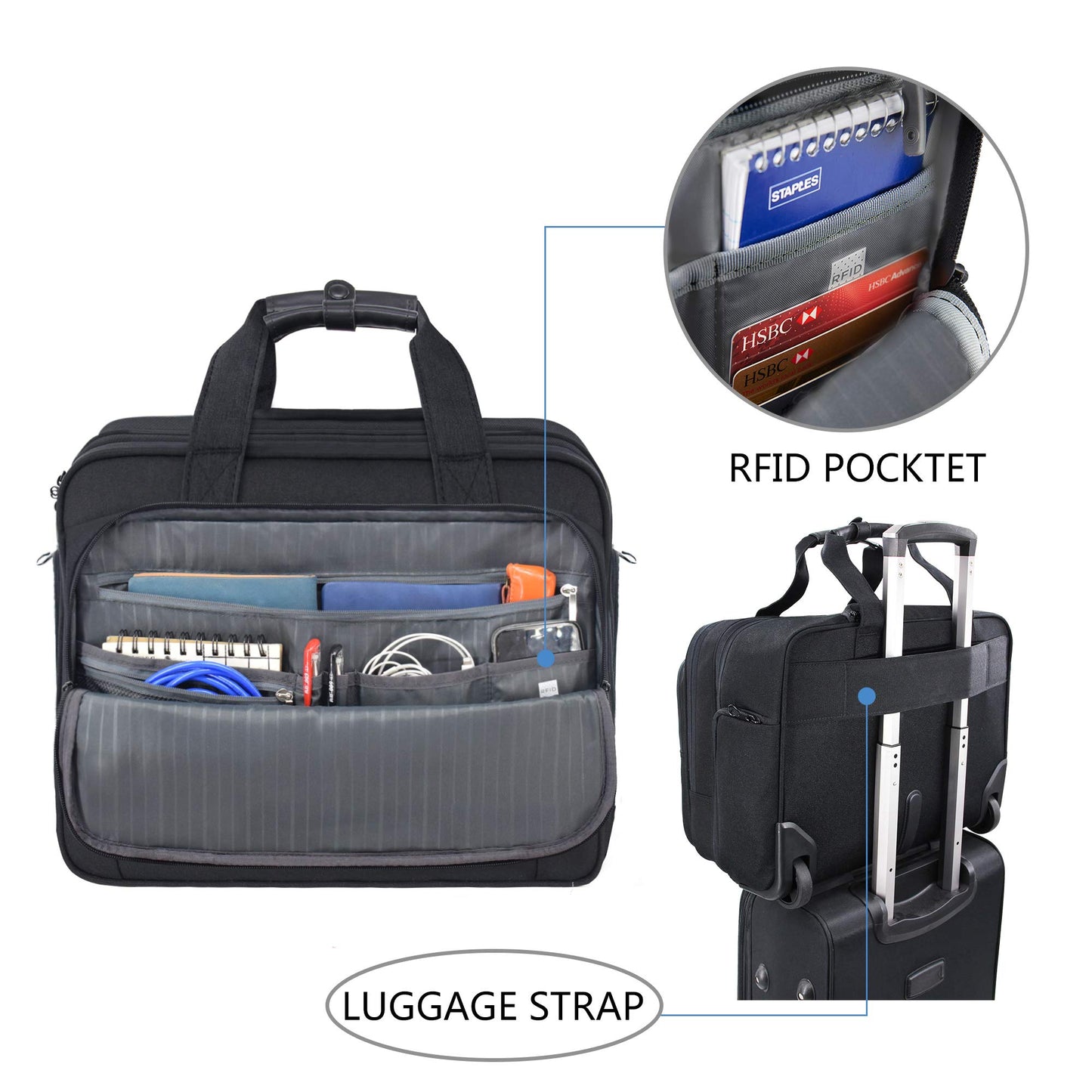 KROSER Maletín para Portátil con Ruedas Bolsa Premium Impermeable para Computadora hasta 17.3´´ Bolsa Hidrófugo Durante la Noche con Bolsillos RFID para Hombres/Mujeres-Negro
