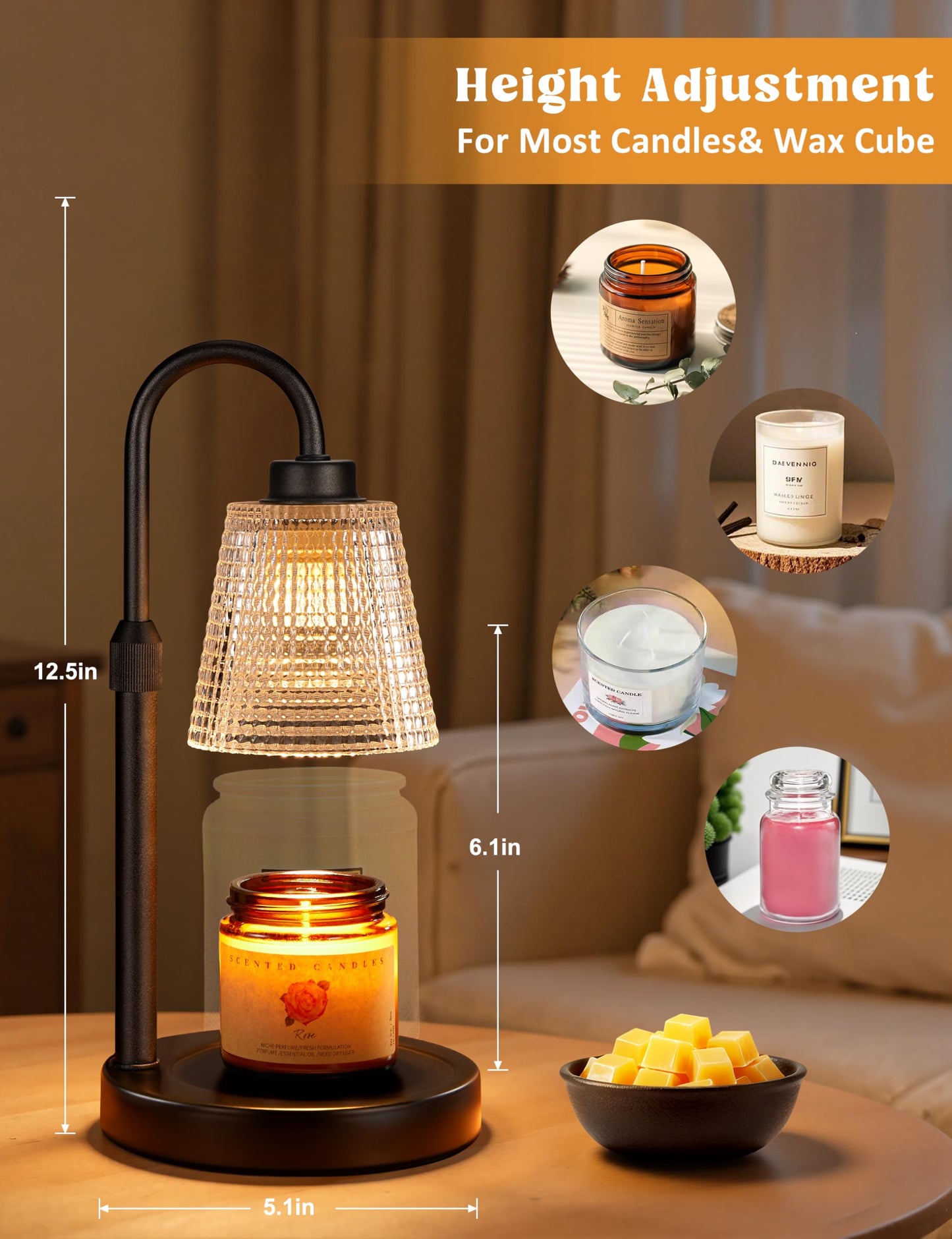 Innqoo Lámpara calentadora de velas con temporizador, calentador de velas regulable para velas en tarro, calentador de cera ajustable en altura, regalos de cumpleaños para mujeres y madres, regalos de