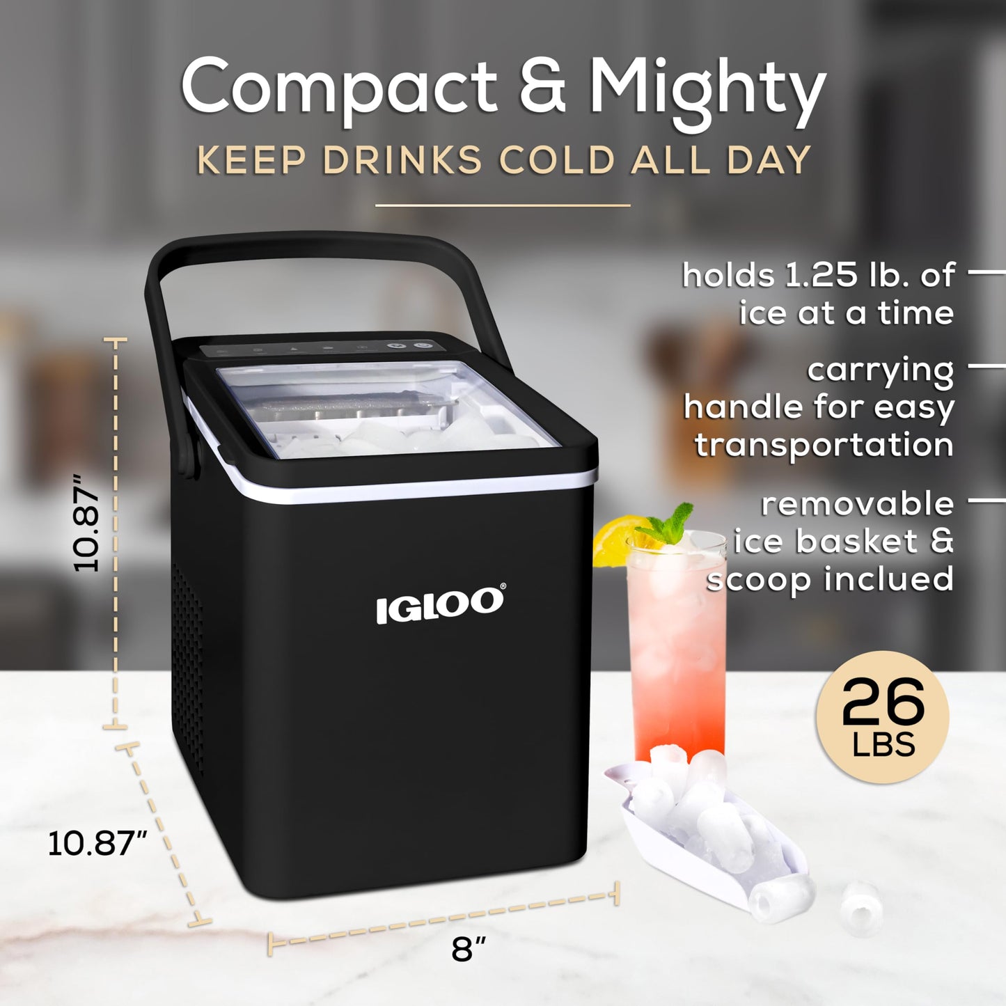 Igloo Máquina de hacer hielo de encimera autolimpiante premium, máquina de hielo portátil con mango, produce 26 libras en 24 horas. Con cubitos de hielo listos en 6-8 minutos, viene con cuchara de