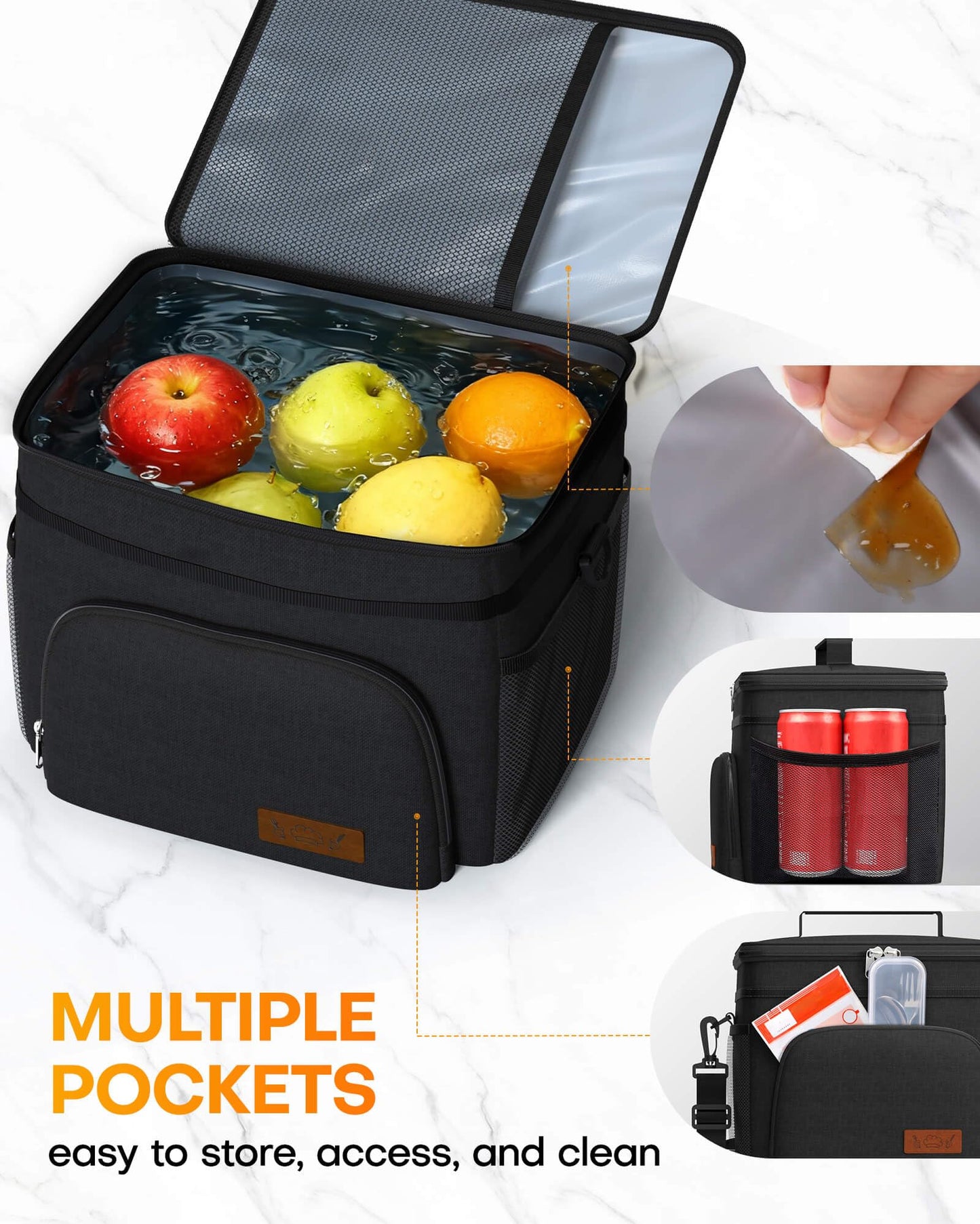 HOTOR Lonchera aislada para hombres y mujeres, bolsa de almuerzo a prueba de fugas con 4 bolsillos, correa ajustable, ideal para el trabajo, picnic, viajes, mediano, negro, 10.2 x 6.9 x 8.5 pulgadas