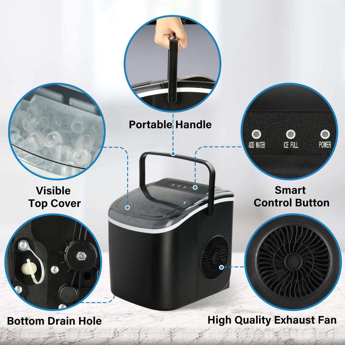 HealSmart Máquina de hielo para encimera, 9 cubitos de hielo listos en 6 minutos, 26 libras de hielo/24 horas, con función de autolimpieza, cuchara de hielo y cesta, para el hogar, cocina, camping,