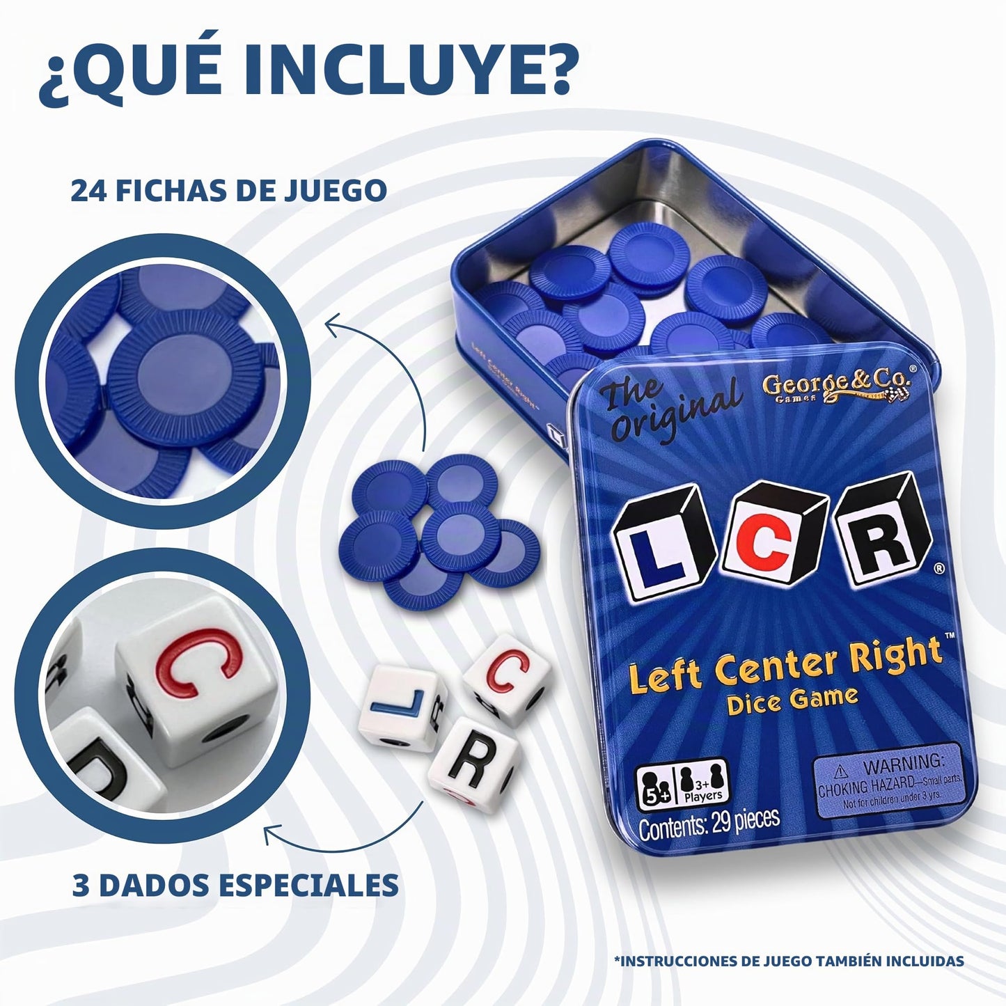 LCR George & Company LLC Left Center Right™ Juego de Dados - Lata Azul