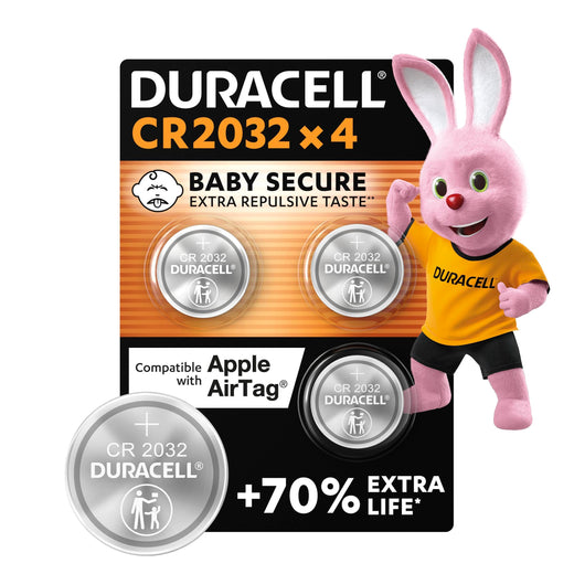 Duracell CR2032 pilas de botÃ³n de litio 3 V (paquete de 4) - Hasta un 70 % extra duraciÃ³n - TecnologÃ­a Baby Secure - Para Apple AirTag, llaves remotas, dispositivos domÃ©sticos, deportivos y mÃ©dicos
