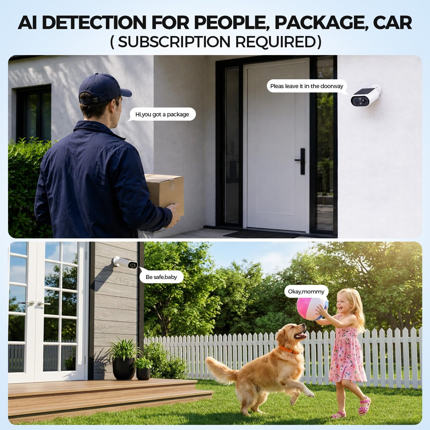 AlkiVision Cámaras de seguridad solares inalámbricas para exteriores, cámaras de visión nocturna a color 2K para seguridad del hogar, detección de movimiento IA, visión de 360°, foco, audio
