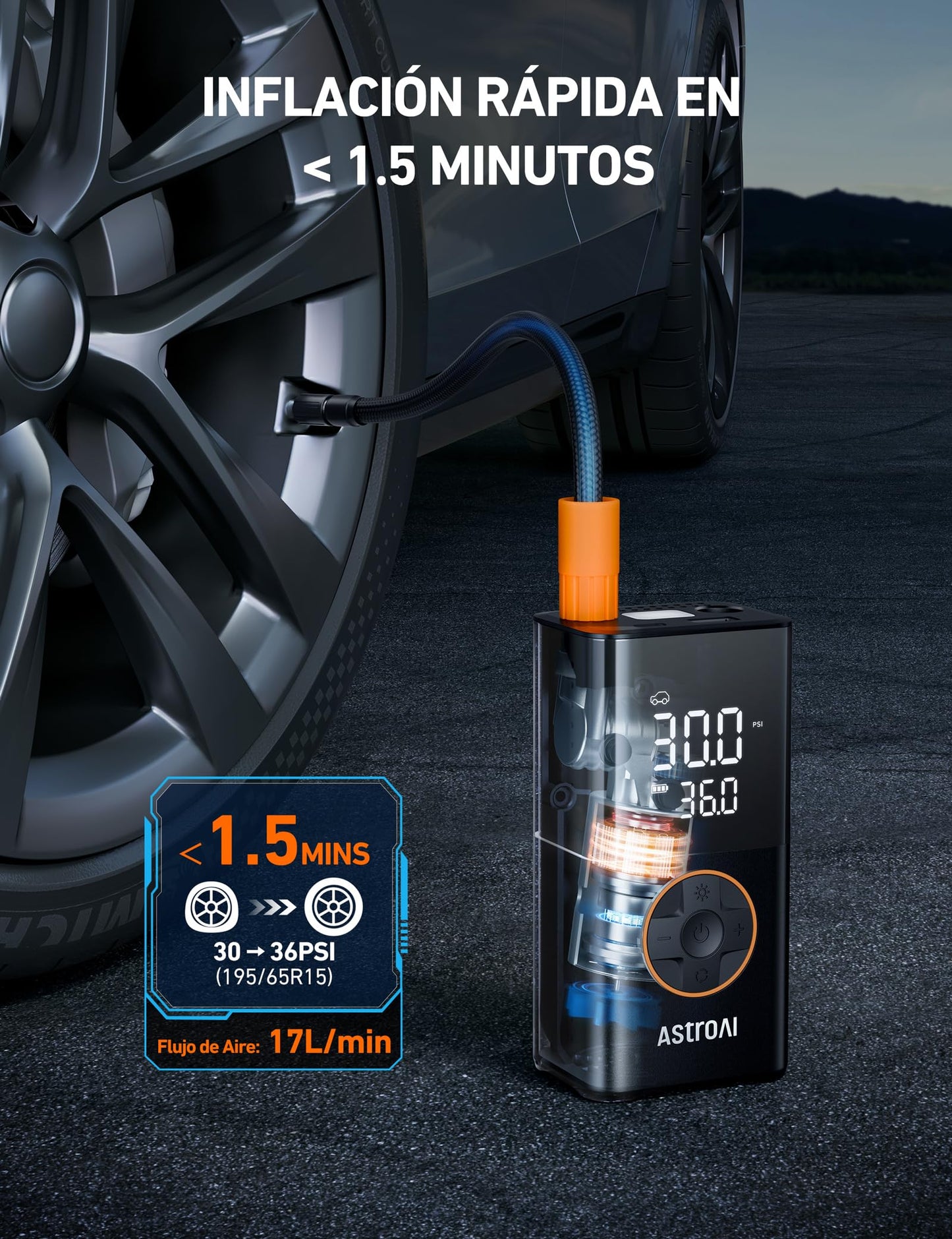 AstroAI Compresor Aire Portátil Inalámbrico, Inflador Ruedas Multiuso, Hinchador Ruedas con Batería Recargable y Luz LED, Apagado Automático para Coche Eléctricos, Bicicletas, Moto y Etc. (Naranja)