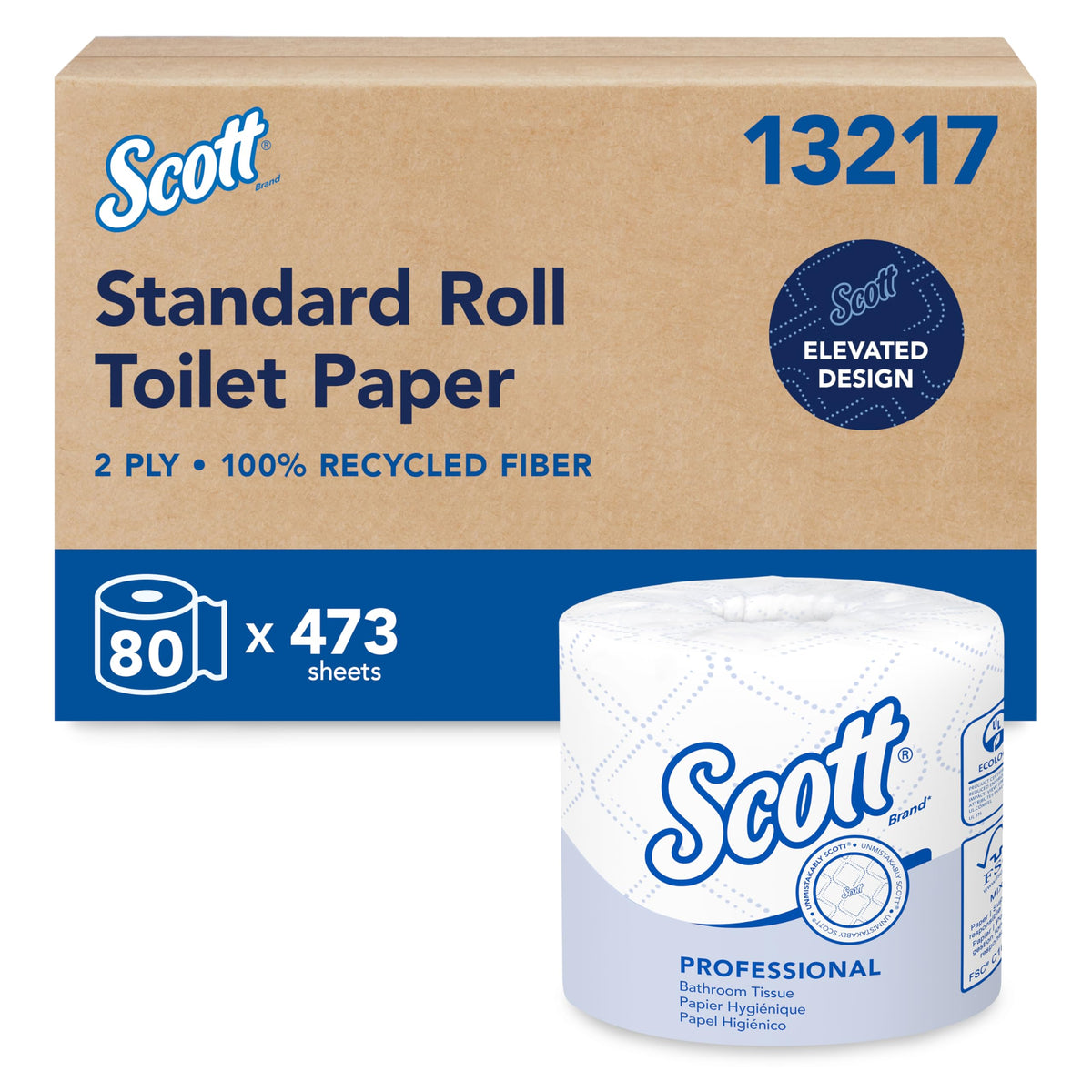 Scott Essential Professional 100% papel higiénico a granel de fibra reciclada para negocios (13217), rollos estándar de 2 capas, blanco, 80 rollos/caja, 506 hojas/rollo (el embalaje puede variar)