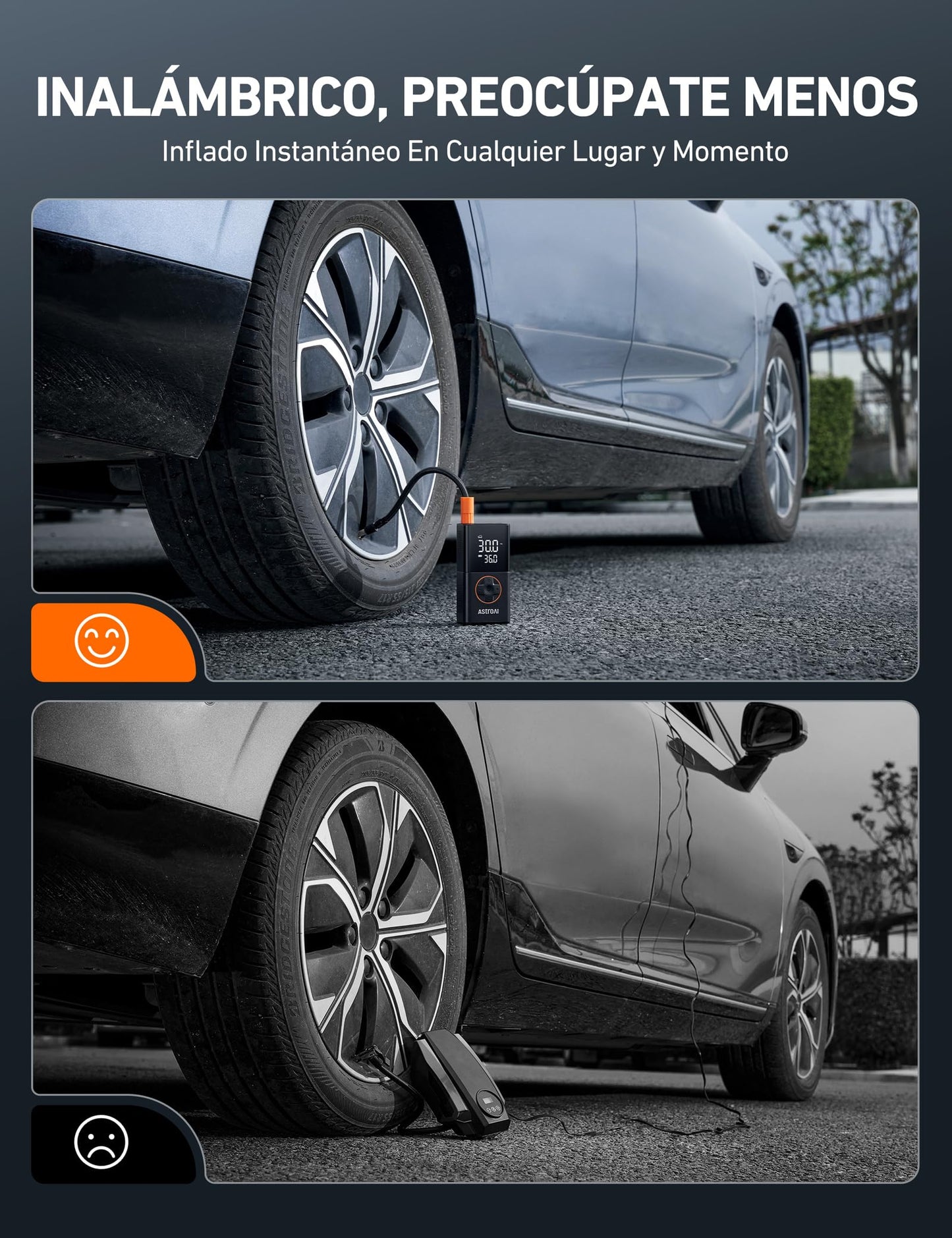AstroAI Compresor Aire Portátil Inalámbrico, Inflador Ruedas Multiuso, Hinchador Ruedas con Batería Recargable y Luz LED, Apagado Automático para Coche Eléctricos, Bicicletas, Moto y Etc. (Naranja)