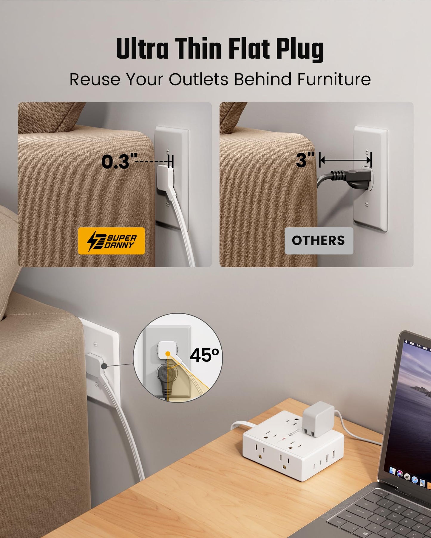 Cable de extensión de 10 pies con múltiples tomas, protector de sobretensiones de enchufe plano, cable de 10 pies de largo, 8 salidas y 4 puertos USB (2 USB C), estación de carga de escritorio para