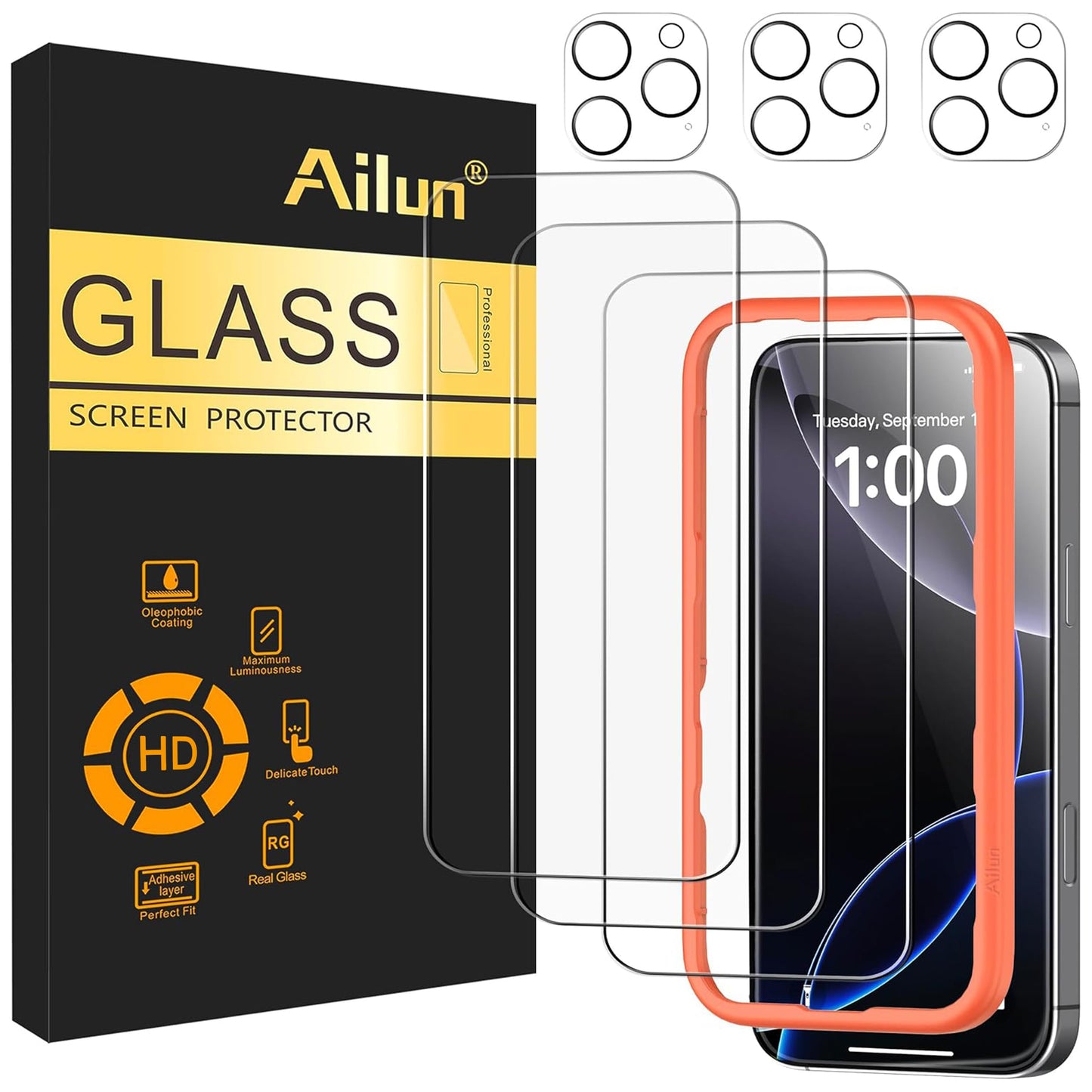 Ailun 3 Pack Screen Protector for iPhone 16 Pro Max [6.9 inch] + 3 Pack Camera Lens Protector with Installation Frame,Sensor Protection,Dynamic Island Compatible,Case Friendly Tempered Glass Film