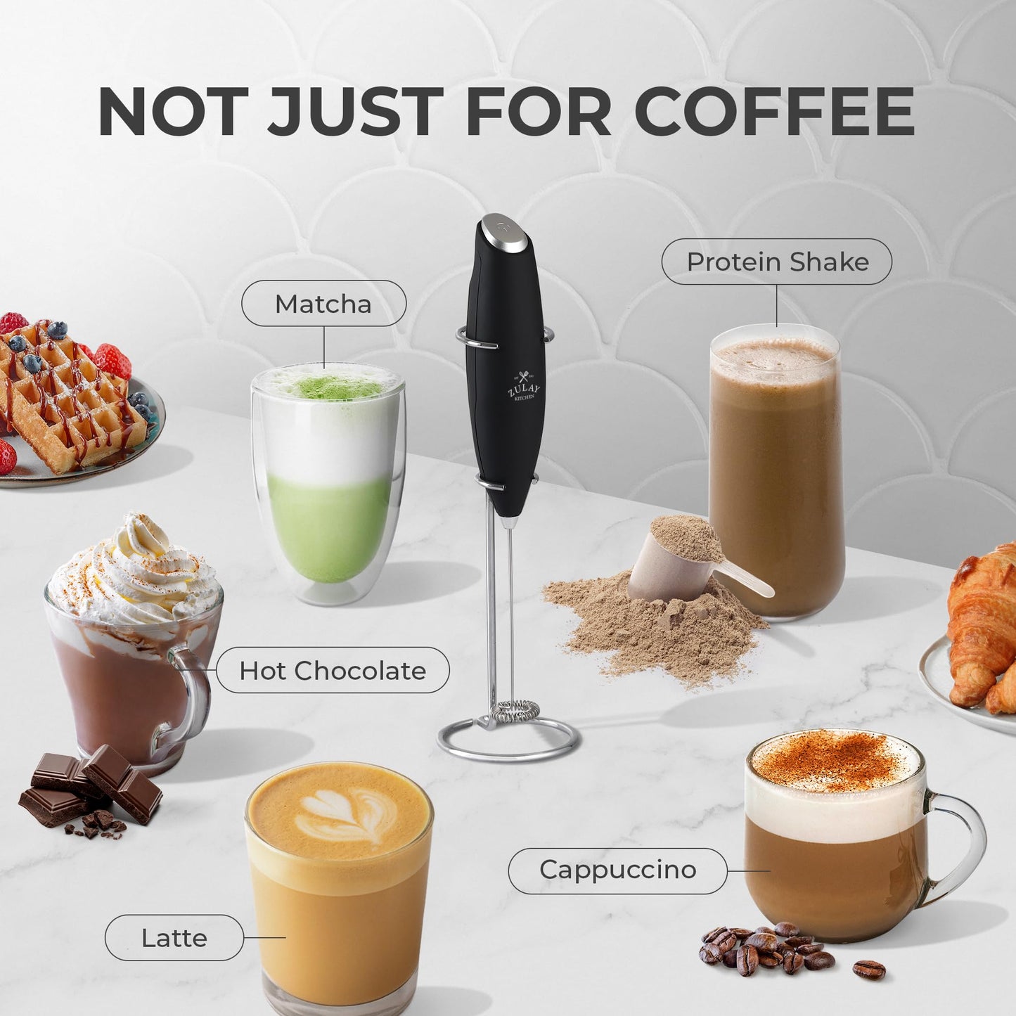 Zulay - Espumador de leche original de mano para latte, batidor de bebidas para café, miniespumador para capuchino, frapé, matcha, chocolate caliente, por Milk Boss (negro)