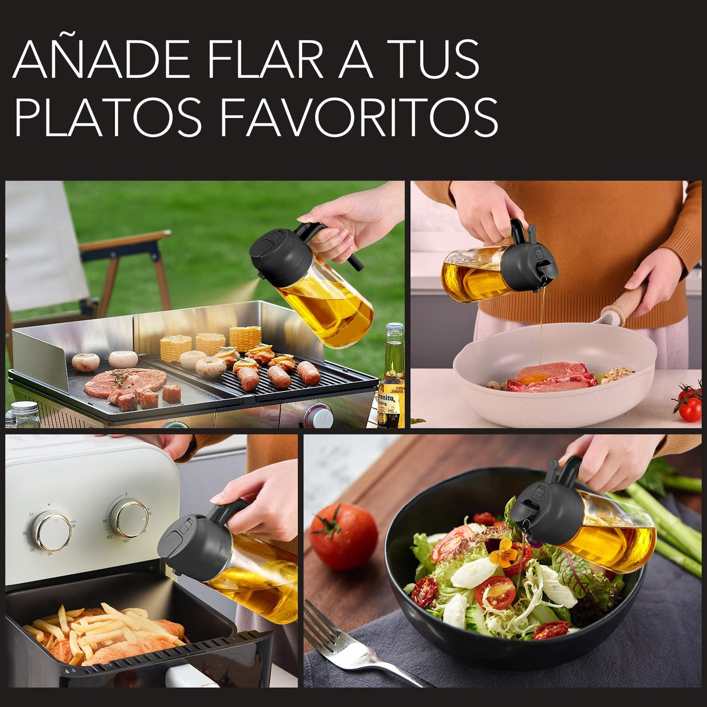 YARRAMATE Pulverizador de Aceite para Cocinar, Botella Dispensadora de Aceite de Oliva 2 en 1 para Cocina, Botella de Aceite de Vidrio de 17 oz/470 ml para Freidora de Aire, Barbacoa (Negra)
