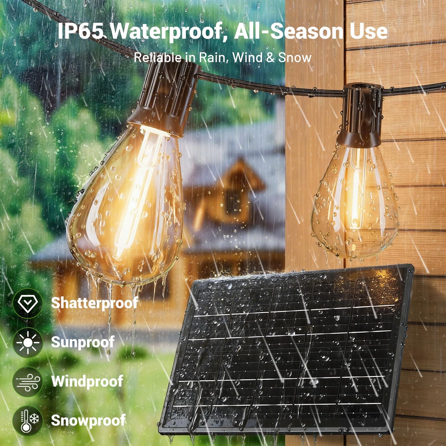 Amzrap Guirnalda de luces solares de 200 pies para exteriores, impermeable, 72 + 2 bombillas LED, funciona con energía solar con control remoto y puerto USB, 3 modos de luz, regulables, conectables