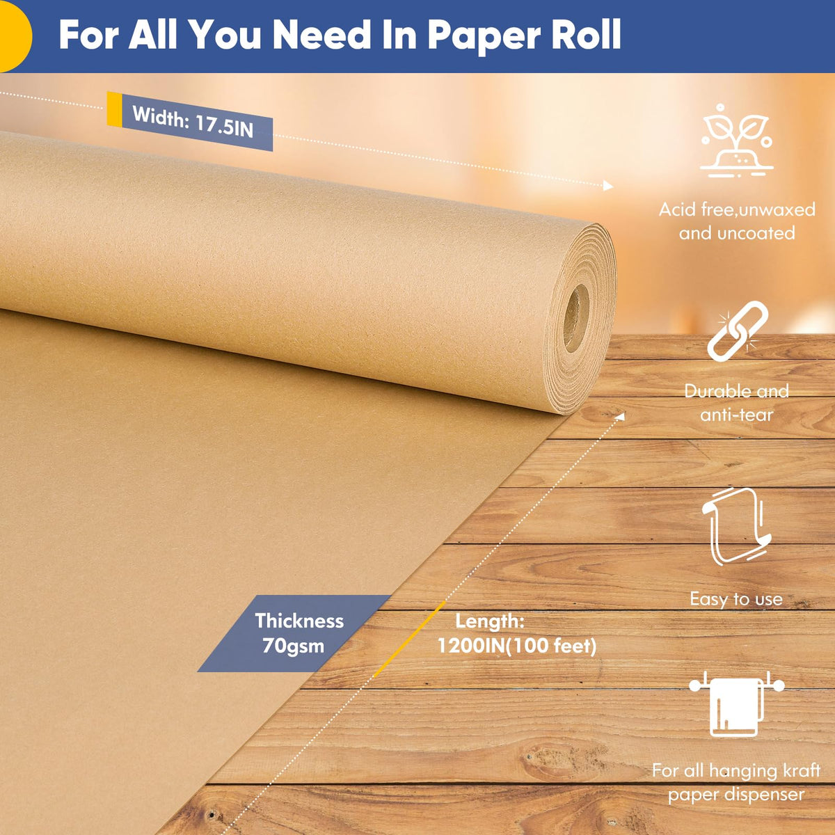Vanhench Rollo de papel de regalo marrón, papel de embalaje kraft para manualidades, 17.5 x 1200 pulgadas (100 pies) para regalo de cumpleaños, tablón de anuncios, ramo de arte, flores, cubierta de