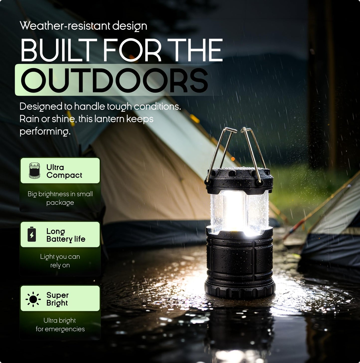 MalloMe Mini linternas LED COB para camping, paquete de 2 unidades, superbrillantes, luces portátiles de 200 lúmenes para exteriores, requiere pilas AA, no incluidas (negro, plegable)