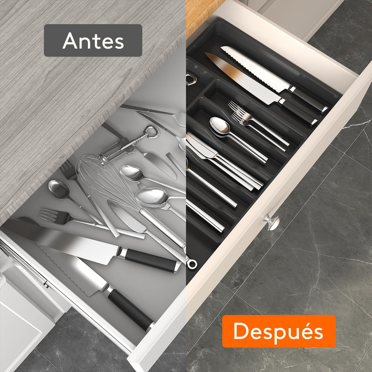 Lifewit Organizador de Cubiertos para Cajón Cocina, Bandeja para Menaje Extensible, Cubertero Compacto para Almacenar Cucharas, Tenedores y Cuchillos, Ancho 33-57 x Fondo 38 cm, Lote 1, Negro