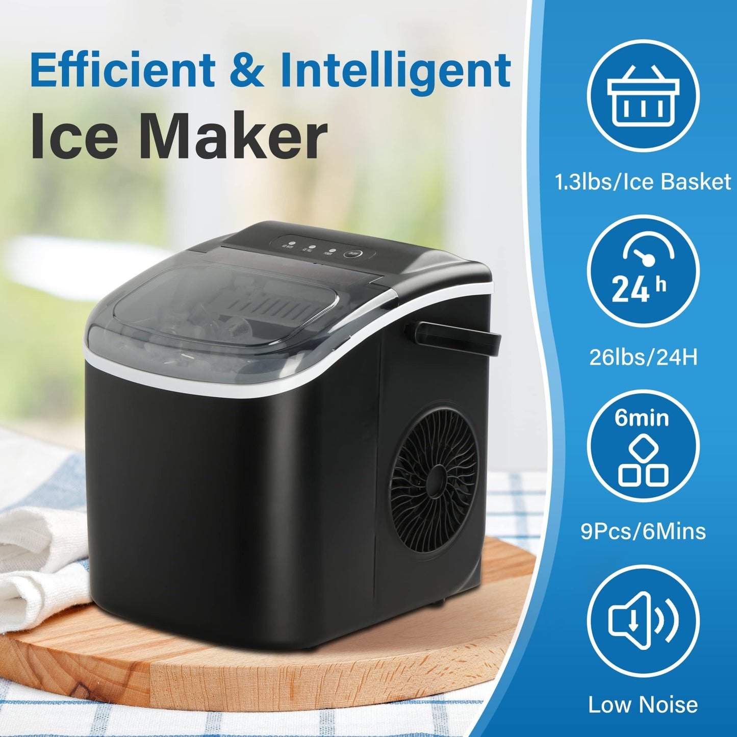 HealSmart Máquina de hielo para encimera, 9 cubitos de hielo listos en 6 minutos, 26 libras de hielo/24 horas, con función de autolimpieza, cuchara de hielo y cesta, para el hogar, cocina, camping,
