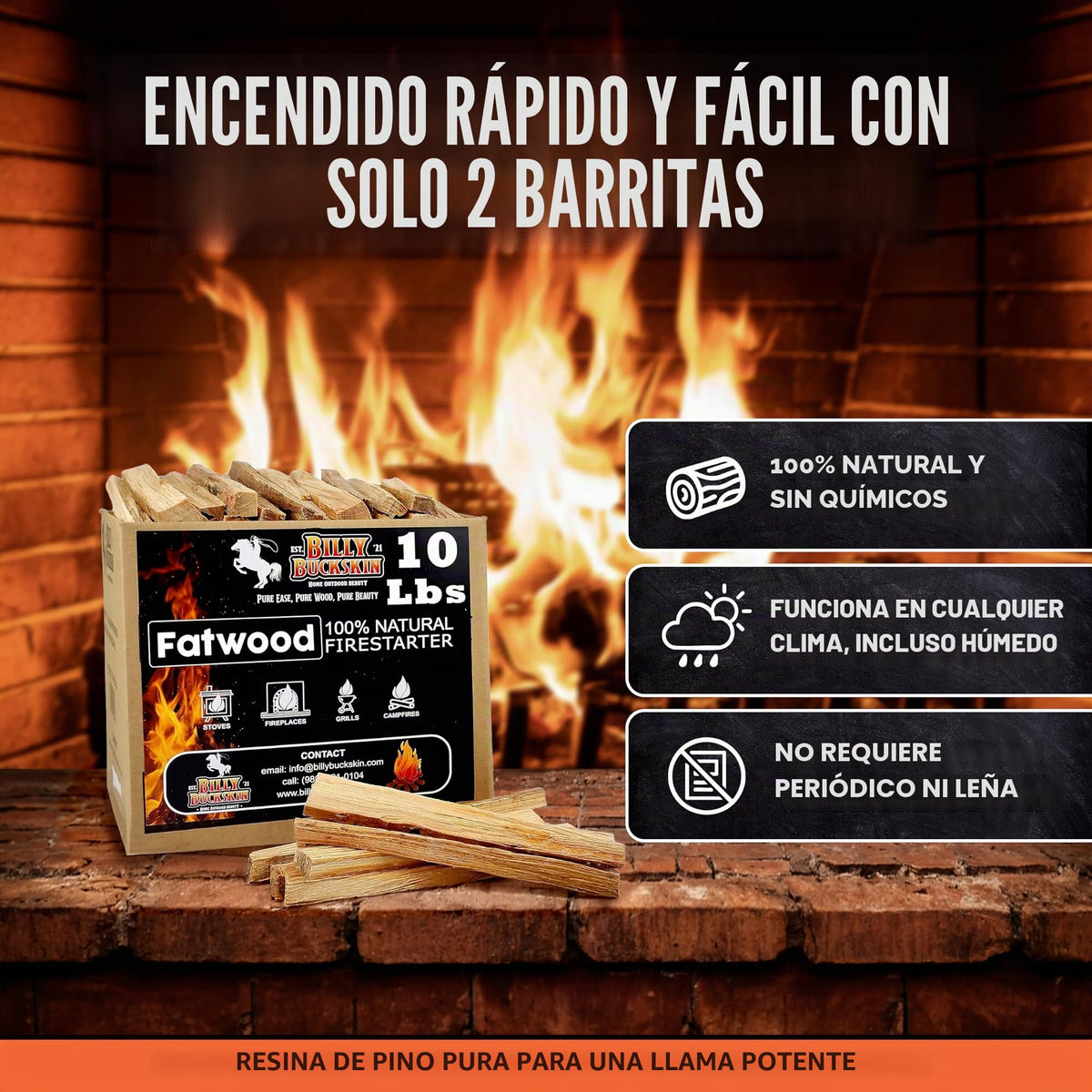 Billy Buckskin Co. Fatwood Fire Starter Sticks Easy & Safe Fire Starter | Start a Fire with Just 3 Sticks | Works in Any Weather Conditions | Caja de 10 LB