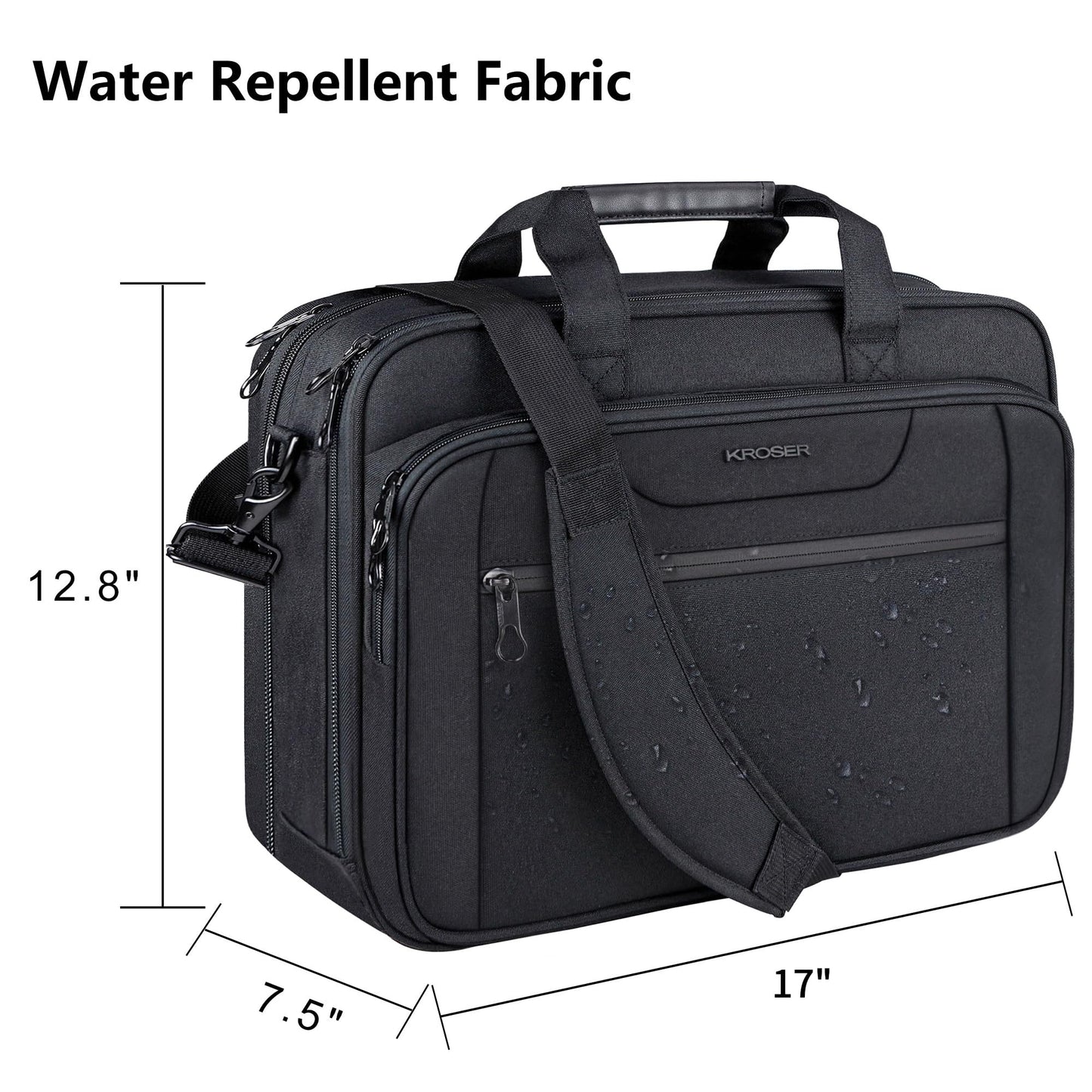 KROSER Bolsa para Laptop 18" Maletín Portátil Extensible hasta 17.3 Pulgadas Repelente al Agua Bandolera Bolsa de Mensajero para Viajes/Negocios/Escuela/Hombres/Mujeres-Negro