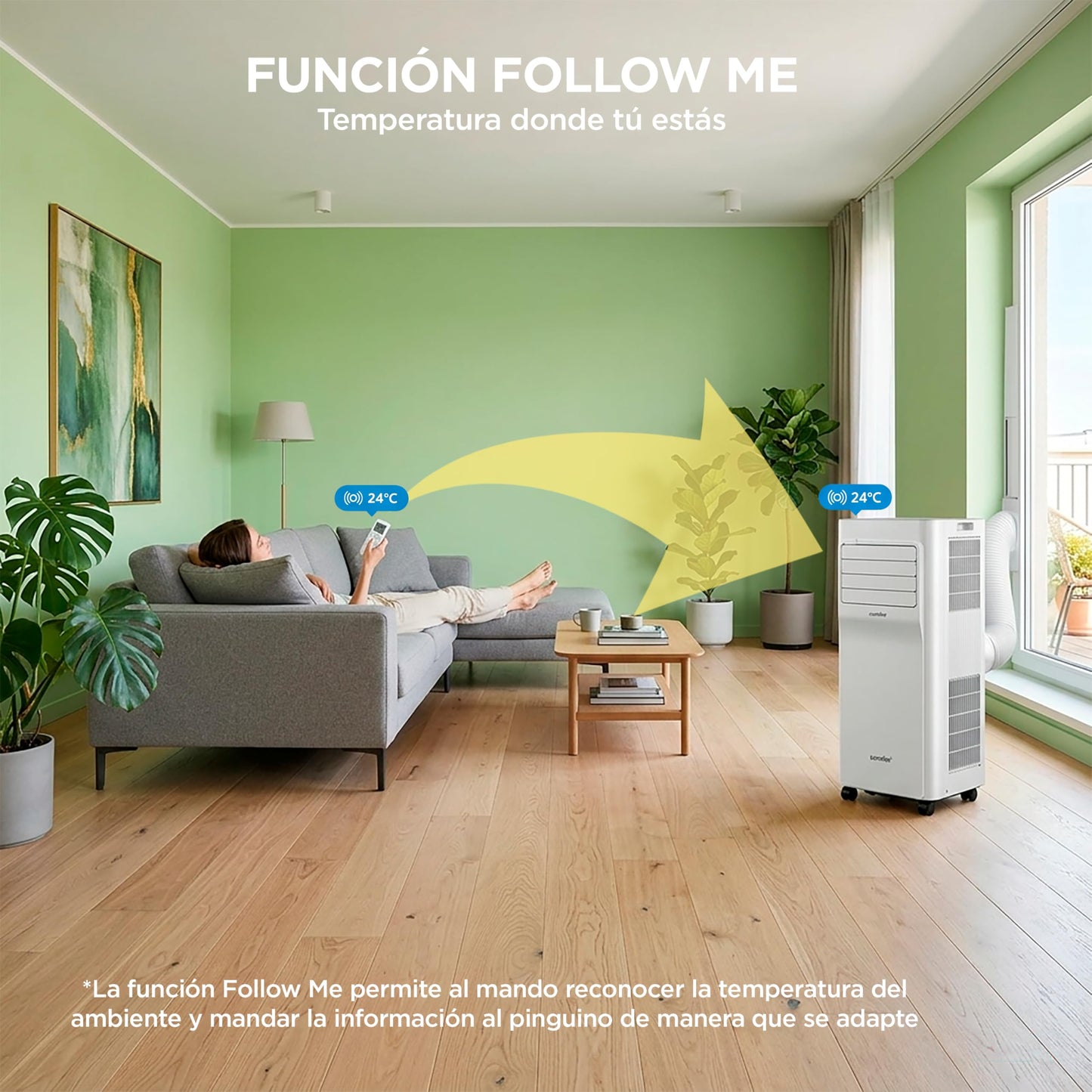 COMFEE Pingüino Aire Acondicionado Portátil 3 en 1 | 9000 BTU/2250 Frigorías Con App + Mando a Distancia | Climatizador y Deshumidificador | Bajo Consumo | Función Follow Me | Incluye kit de ventana