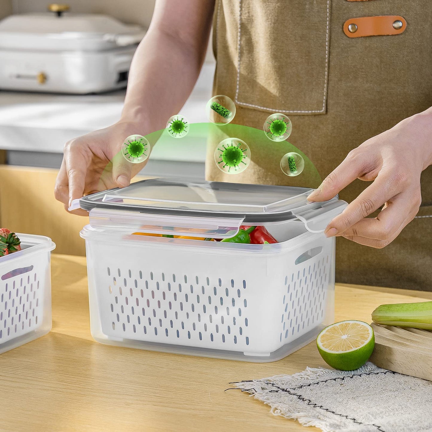 5 recipientes grandes de frutas para nevera, recipientes de almacenamiento de alimentos a prueba de fugas con colador extraíble, aptos para lavavajillas y microondas, recipientes para mantener frutas