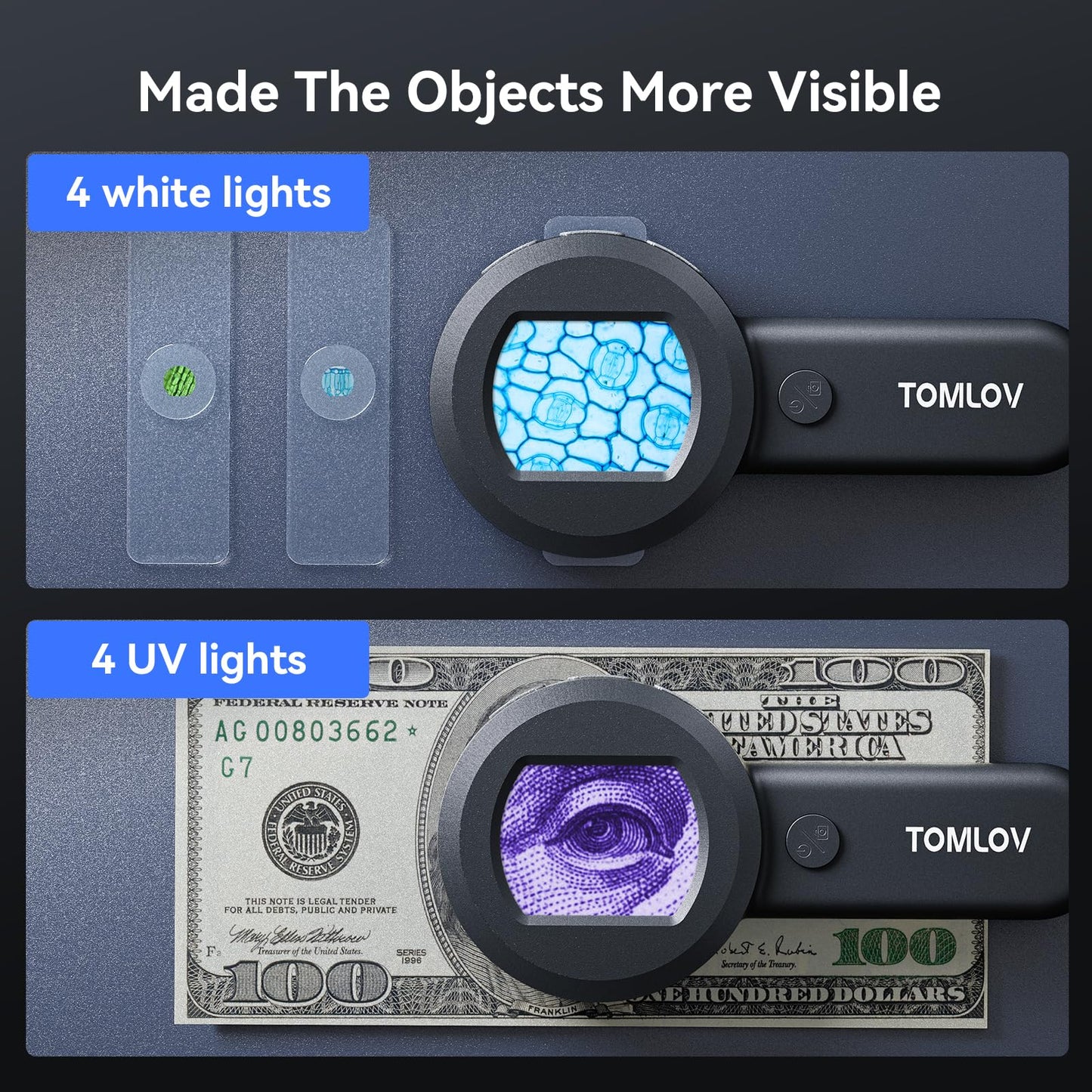 TOMLOV P10 Microscopio para Adultos y Niños, Lupa de Monedas de Mano con Luz, Portátil Trichome 100X, de Bolsillo para Coleccionista