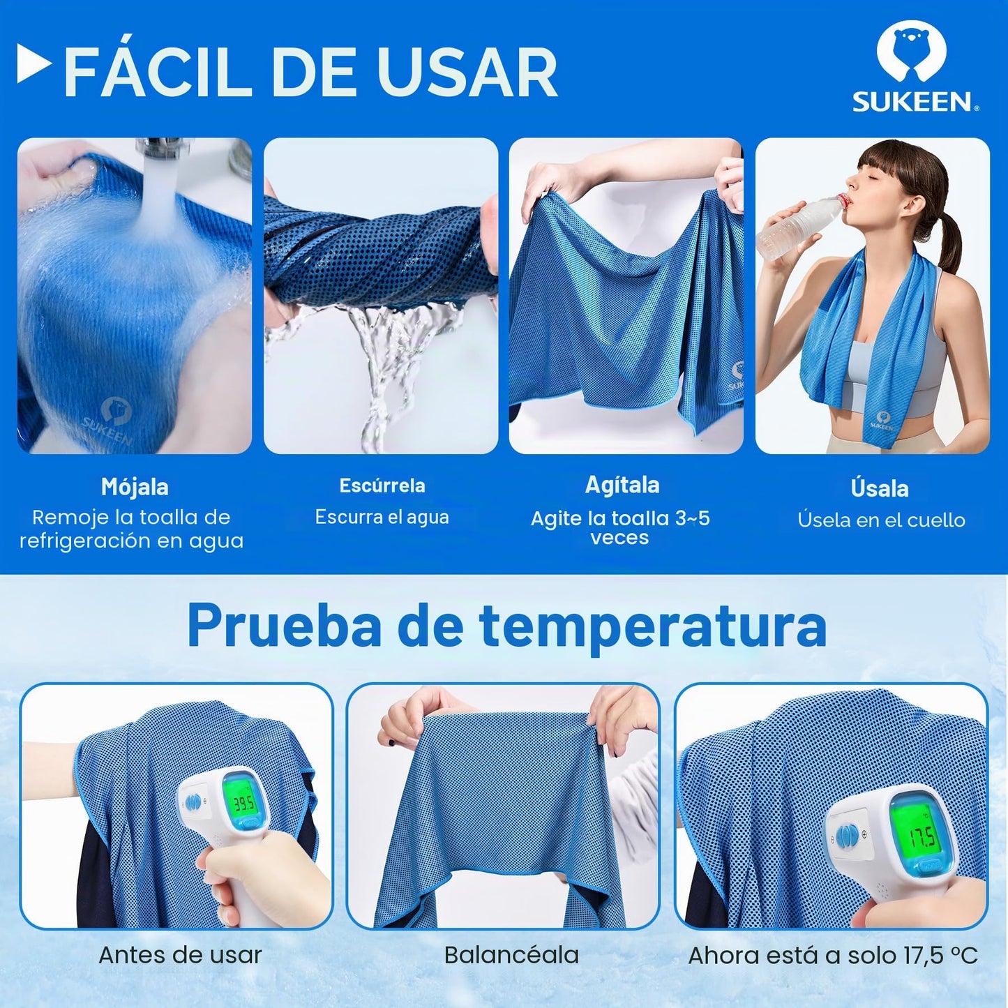 Sukeen Paquete de 4 Toallas de enfriamiento (40 x 12 Pulgadas), Toallas de enfriamiento para Cuello, Toalla de enfriamiento, Suave y Transpirable para Golf, Deportes, Correr, Gimnasio, Entrenamiento,