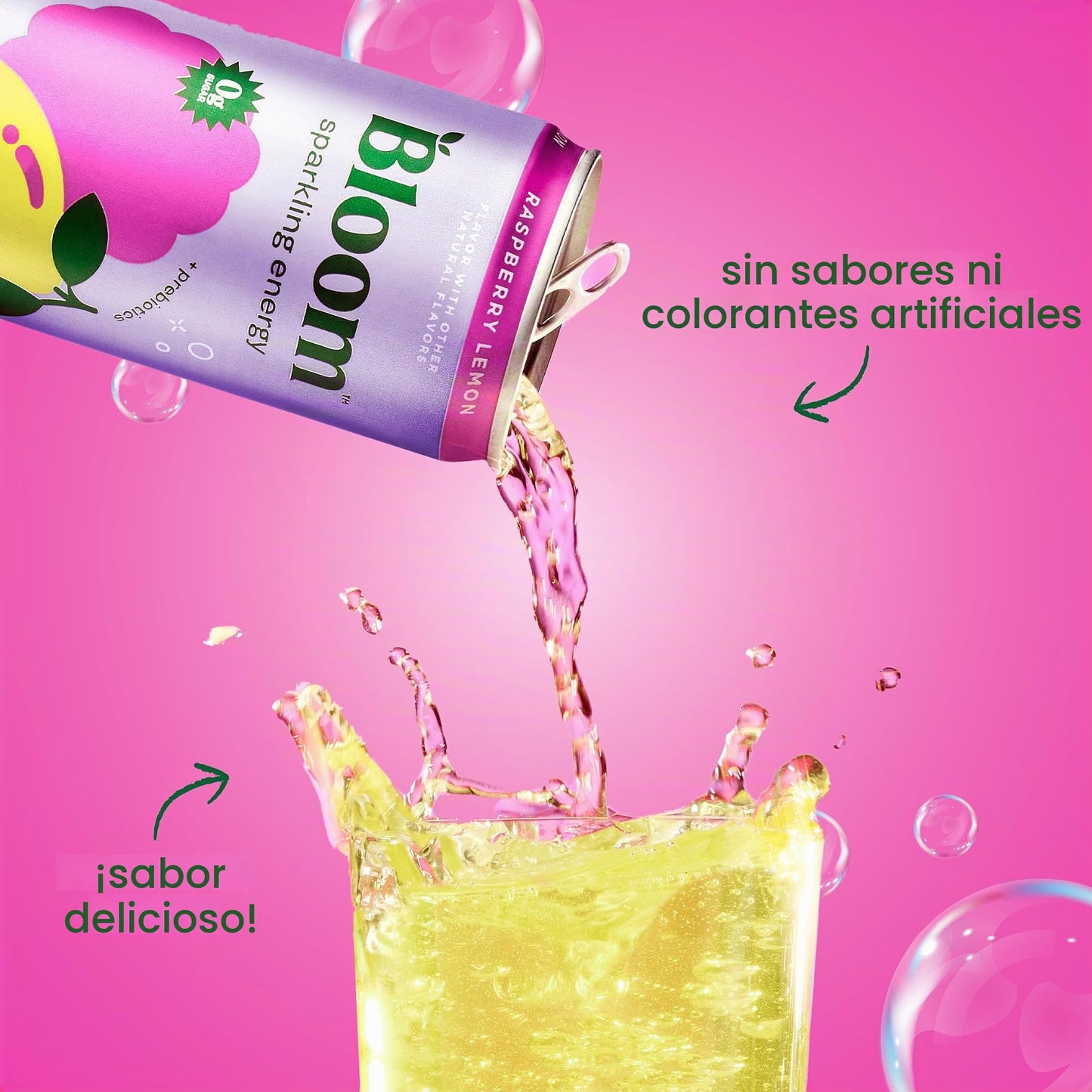 Bloom - Bebida energética espumosa – Cafeína natural, sin azúcar, 180 mg de cafeína – Rica en antioxidantes con grano de café verde, extracto de té verde, prebióticos – Bebida de bienestar para