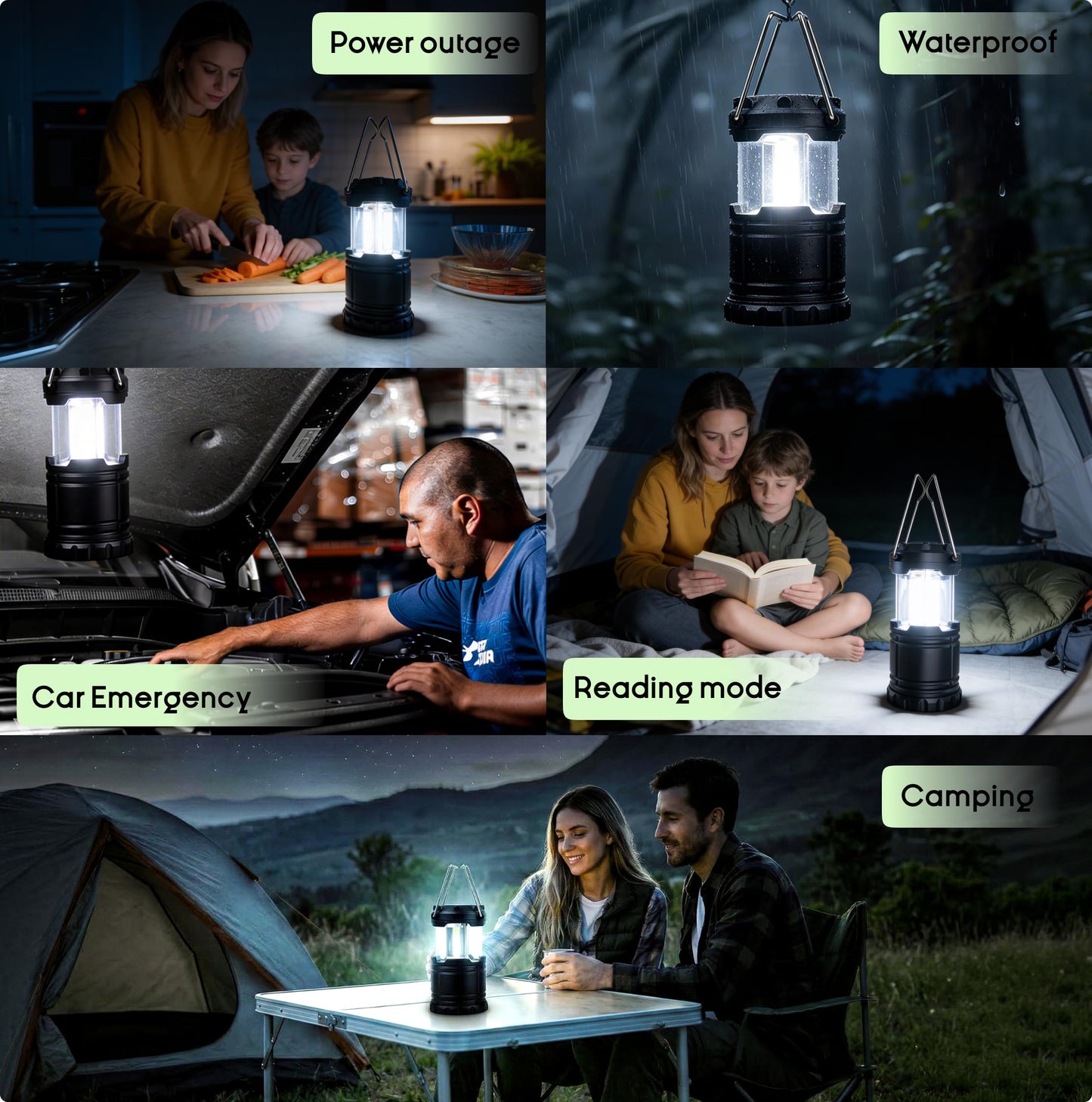 MalloMe Mini linternas LED COB para camping, paquete de 2 unidades, superbrillantes, luces portátiles de 200 lúmenes para exteriores, requiere pilas AA, no incluidas (negro, plegable)