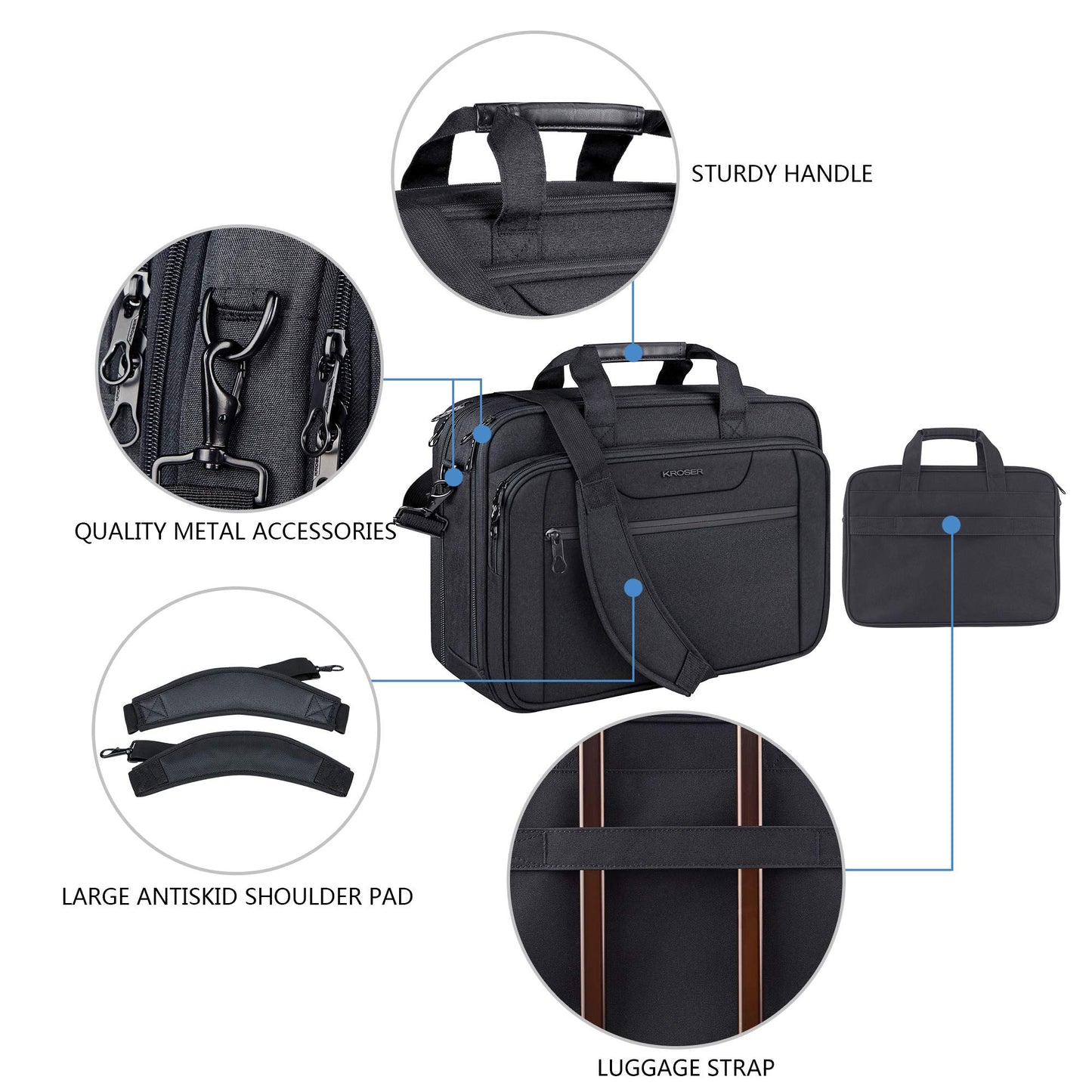 KROSER Bolsa para Laptop 18" Maletín Portátil Extensible hasta 17.3 Pulgadas Repelente al Agua Bandolera Bolsa de Mensajero para Viajes/Negocios/Escuela/Hombres/Mujeres-Negro