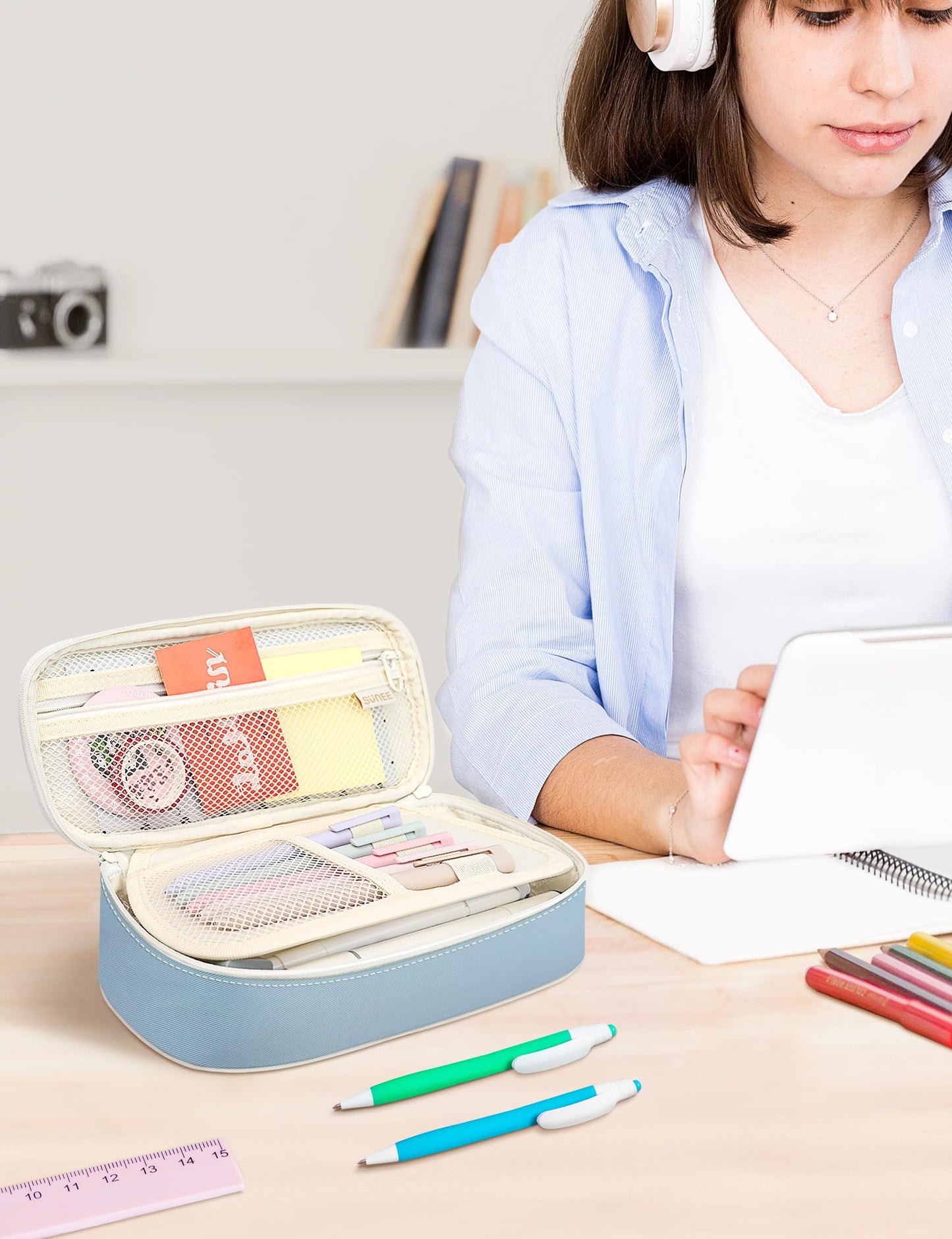 SUNEE Estuche Escolar Grande con Compartimentos, Multiusos Estojo Escolar Colegio Organizador de Papeleria Pencil Case para Niñas, Niños, Adolescentes, Mujeres, Hombres,Azul