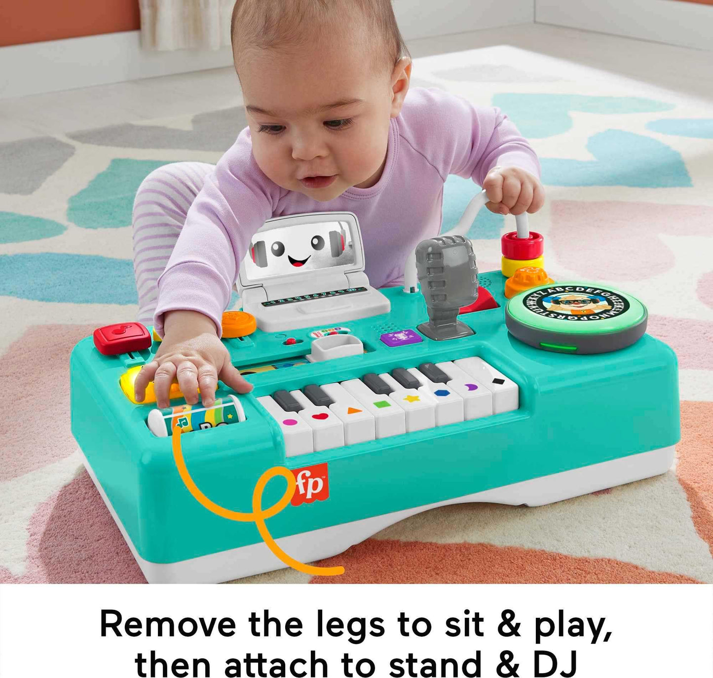 Fisher-Price Ríe y aprende Mesa de mezclas DJ musical Piano de juguete con actividades, luces y sonidos, sentado y de pie, bebés +6 meses, VERSION UK , HKT83
