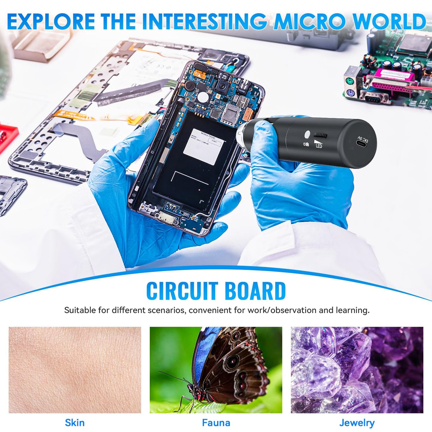 Microscopio Digital WiFi, microscopio Skybasic con Aumento de 50X a 1000X 1080P, microscopio Digital portátil con 8 LED para Android e iOS, Windows Mac