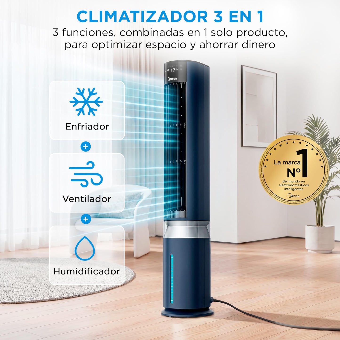 MIDEA Climatizador Evaporativo Portátil 3 en 1 Capacidad 7L y Mando a Distancia | Ventilador de Agua, Enfriador de Aire, Humidificador, 6 Velocidades, 5 Modos, Temporizador 12H, Oscilación 85º, con IA