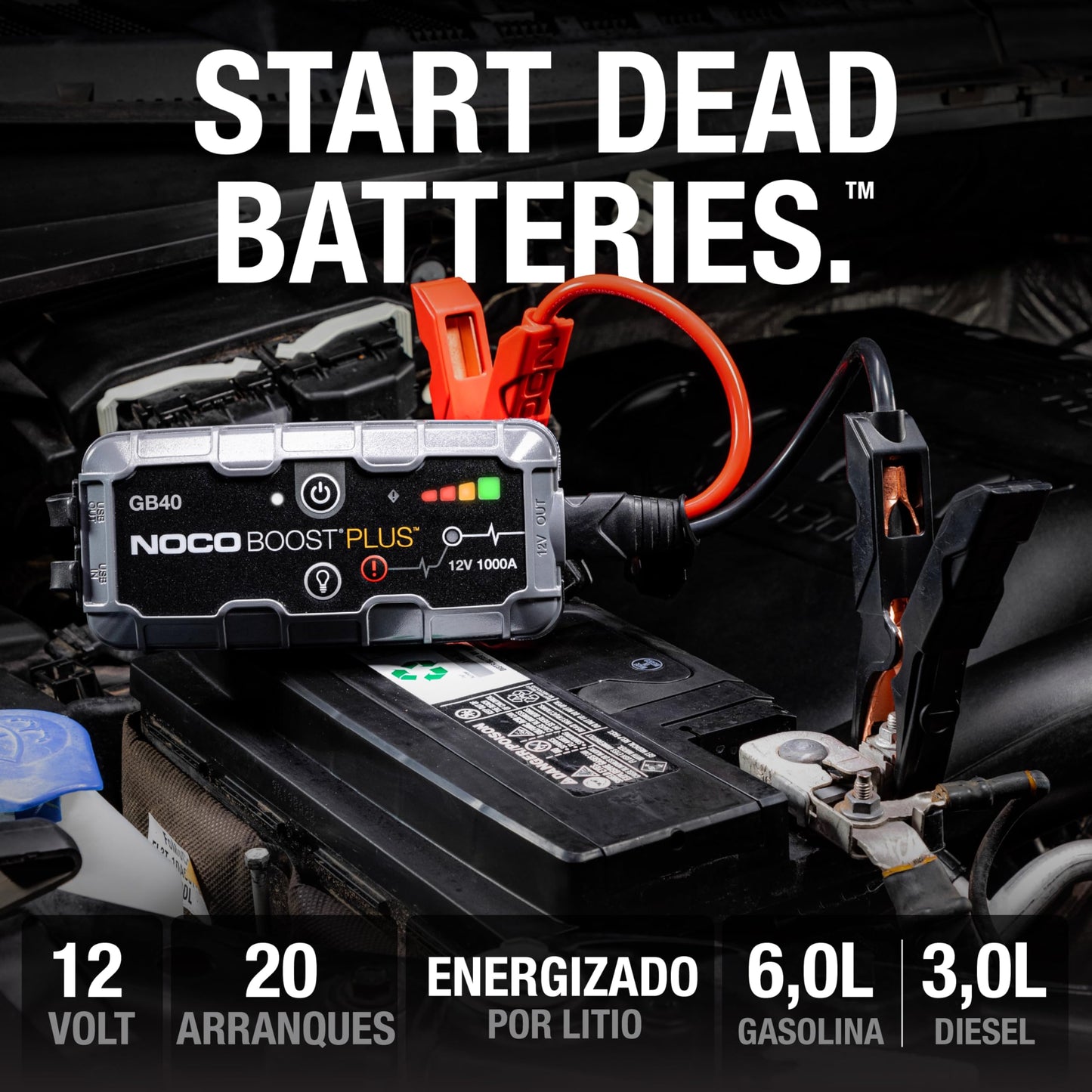 NOCO Boost GB40: Arrancador de Batería de Litio de 1000A UltraSafe – Antichispas y Protección contra Polaridad Inversa – Power Bank USB y Linterna LED – para Motores de Gasolina 6,0L y Diésel 3,0L